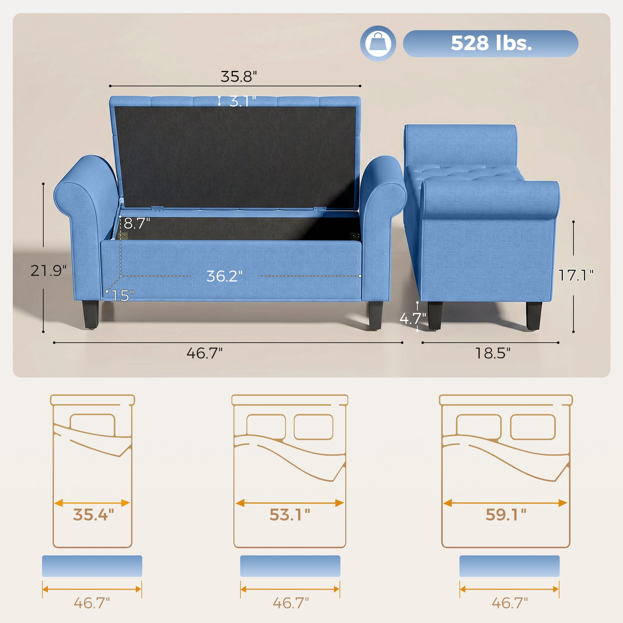 47" Storage Ottoman Bench, Tufted Long Ottoman with Storage Chest, Rolled Arms, Safety Hinge, Wooden Legs, Upholstered End of Bed Bench, 528 lbs for Bedroom, Entryway, Living Room, Blue