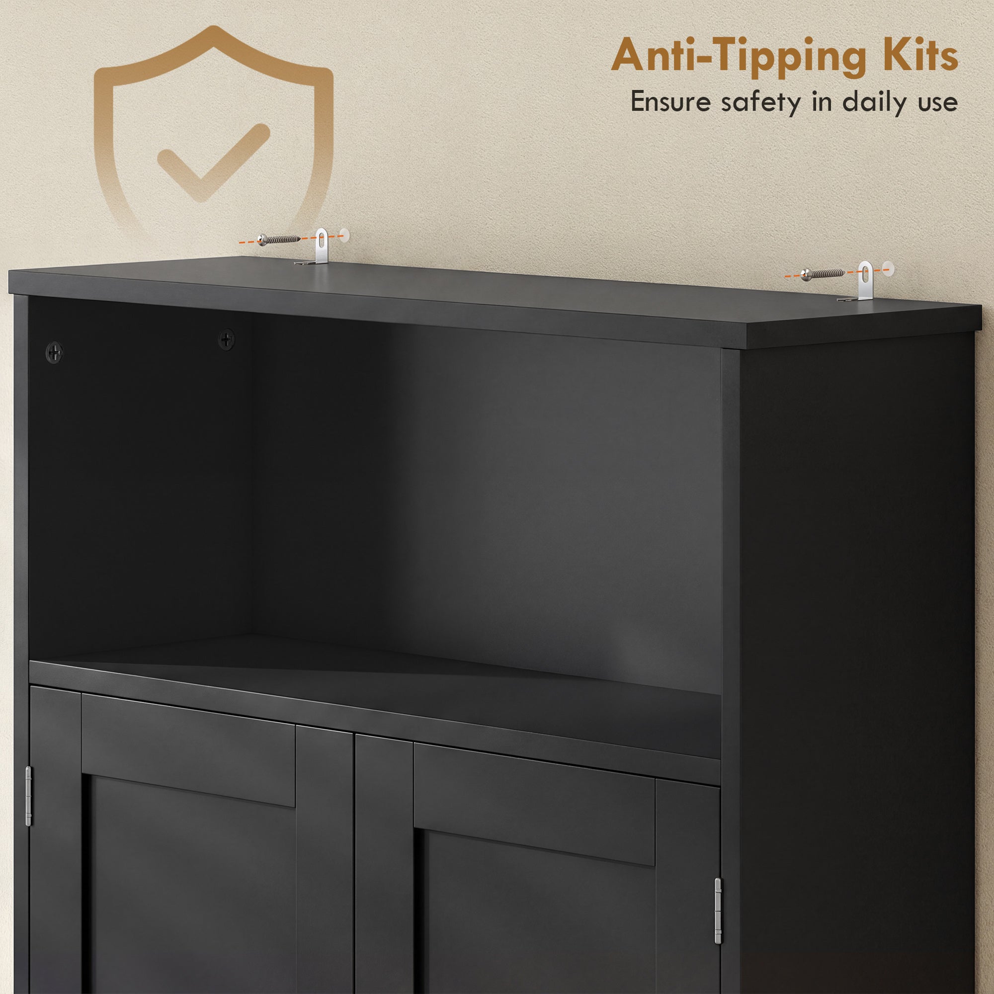 Over the Toilet Storage Cabinet, Over Toilet Bathroom Organizer with 2 Doors and Open Shelf, Freestanding Above Restroom Space Saver for Bathroom, Laundry, Restroom, Black