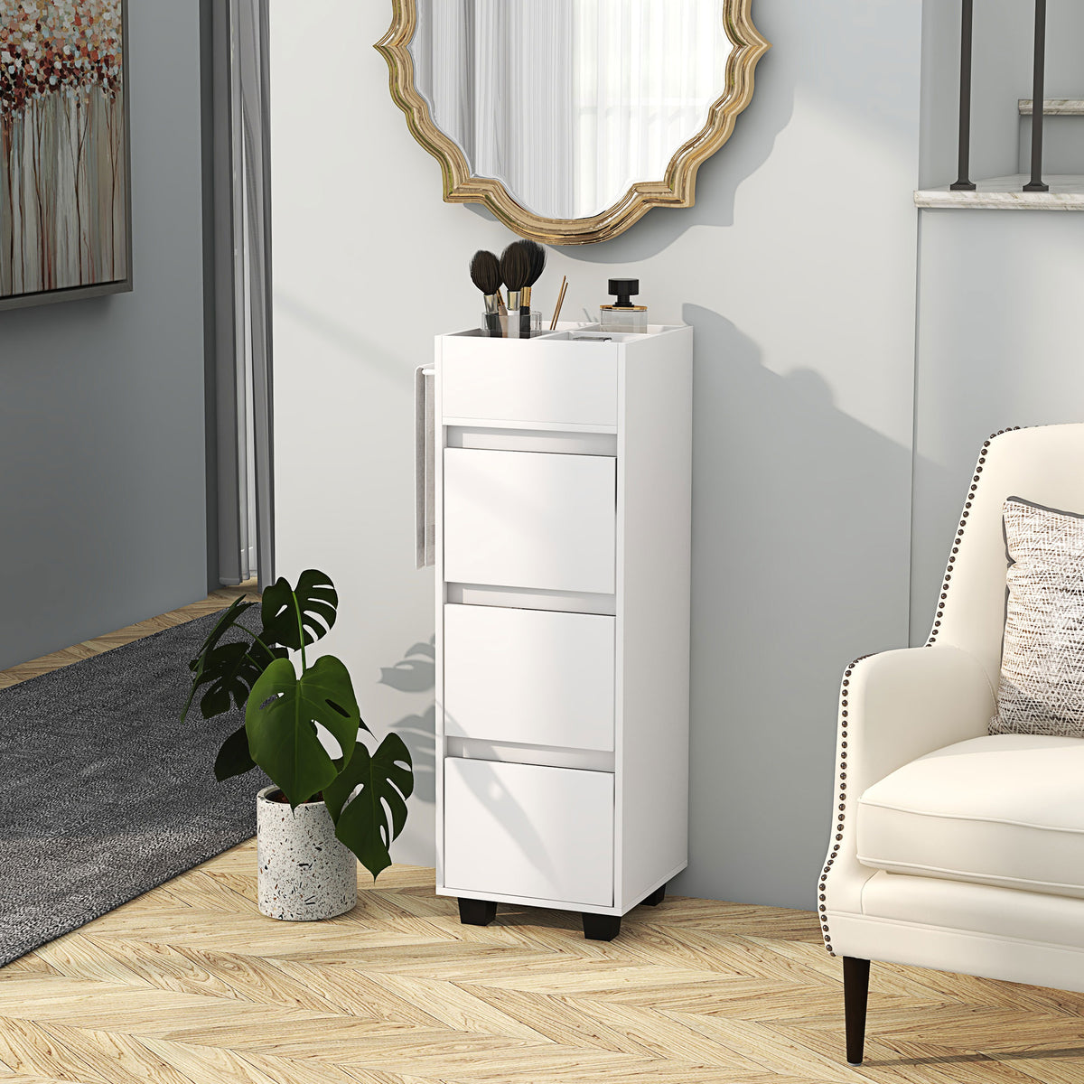 Slim Bathroom Cabinet, Bathroom Storage Cabinet with 4 Top Compartments, 3 Drawers & Towel Rack for Narrow Spaces, White
