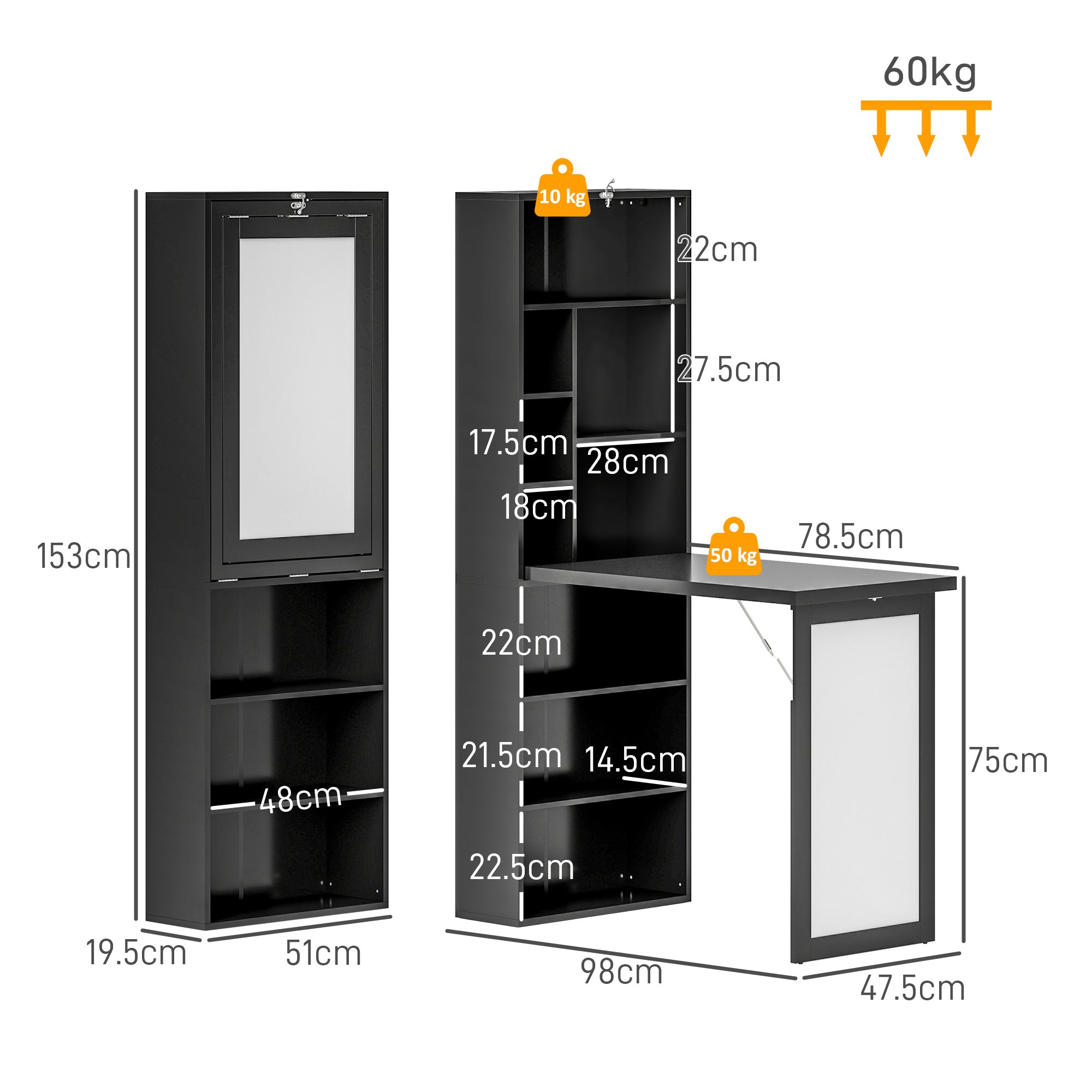 HOMCOM Wall Mounted Computer Desk, Folding Study Table with White Board and Bookshelf, Multifunctional Floating Writing Desk for Home Office, Black