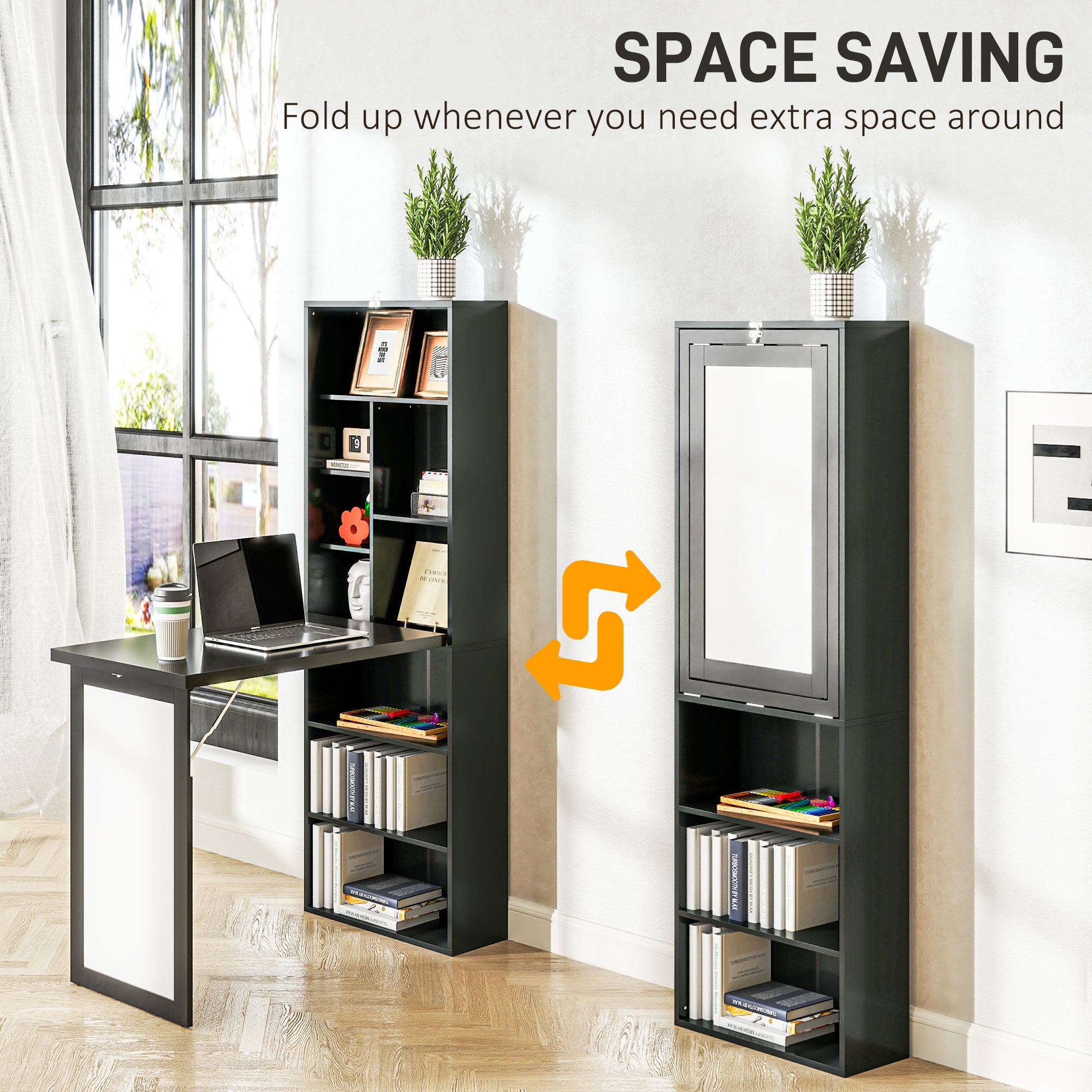 HOMCOM Wall Mounted Computer Desk, Folding Study Table with White Board and Bookshelf, Multifunctional Floating Writing Desk for Home Office, Black