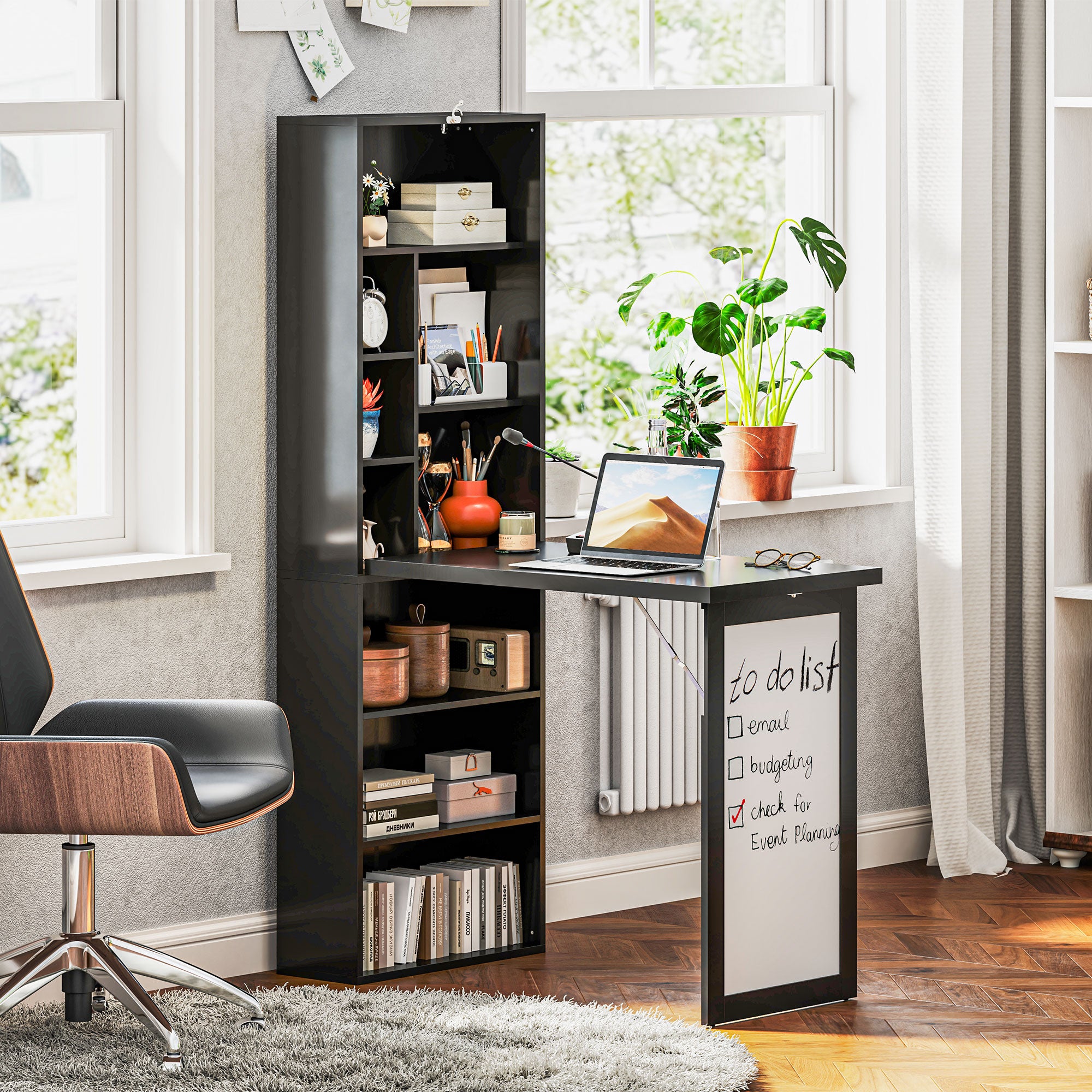 HOMCOM Wall Mounted Computer Desk, Folding Study Table with White Board and Bookshelf, Multifunctional Floating Writing Desk for Home Office, Black