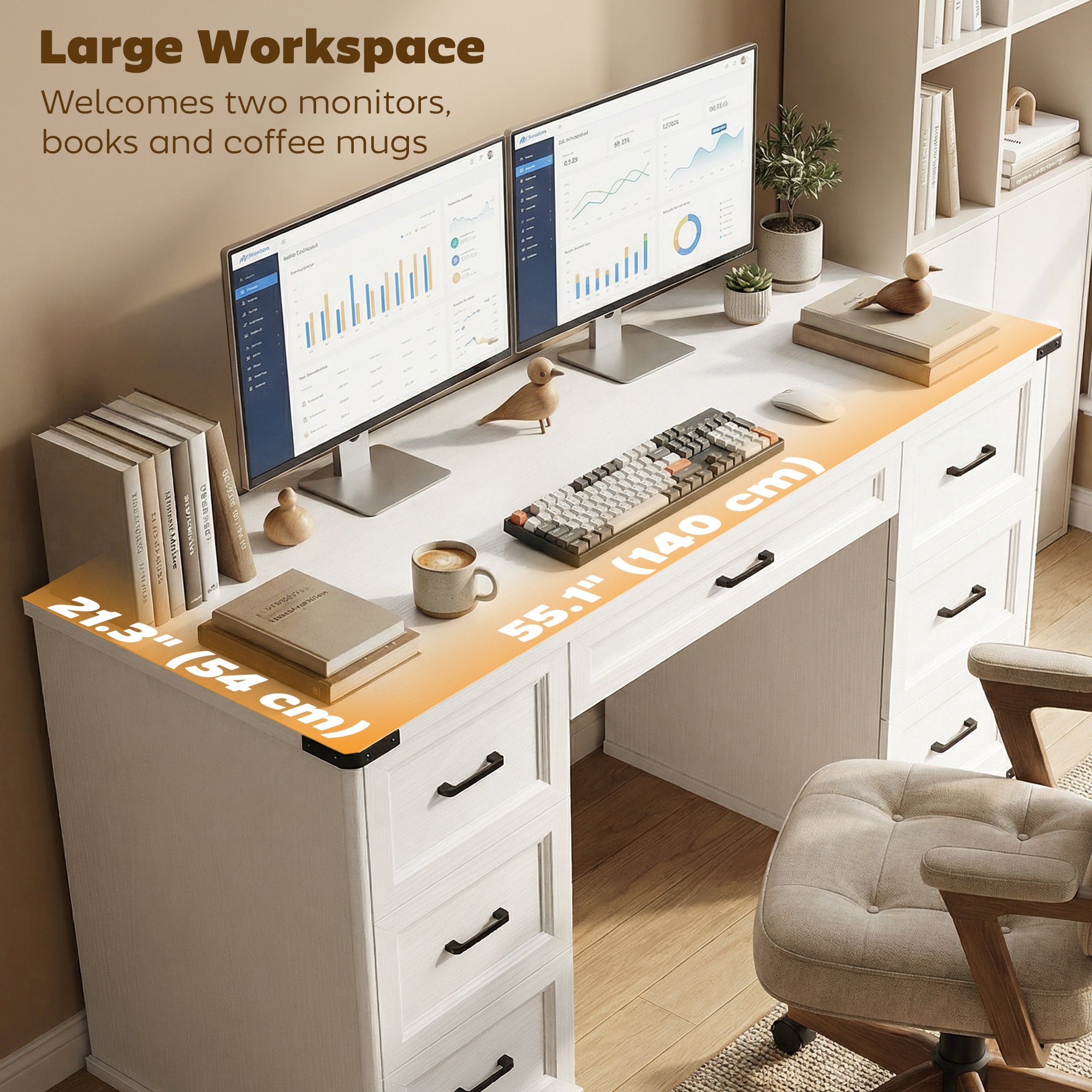 55" Farmhouse Executive Desk, Computer Desk with Drawers, Study Table for Home Office, Bedroom, White Wood Grain