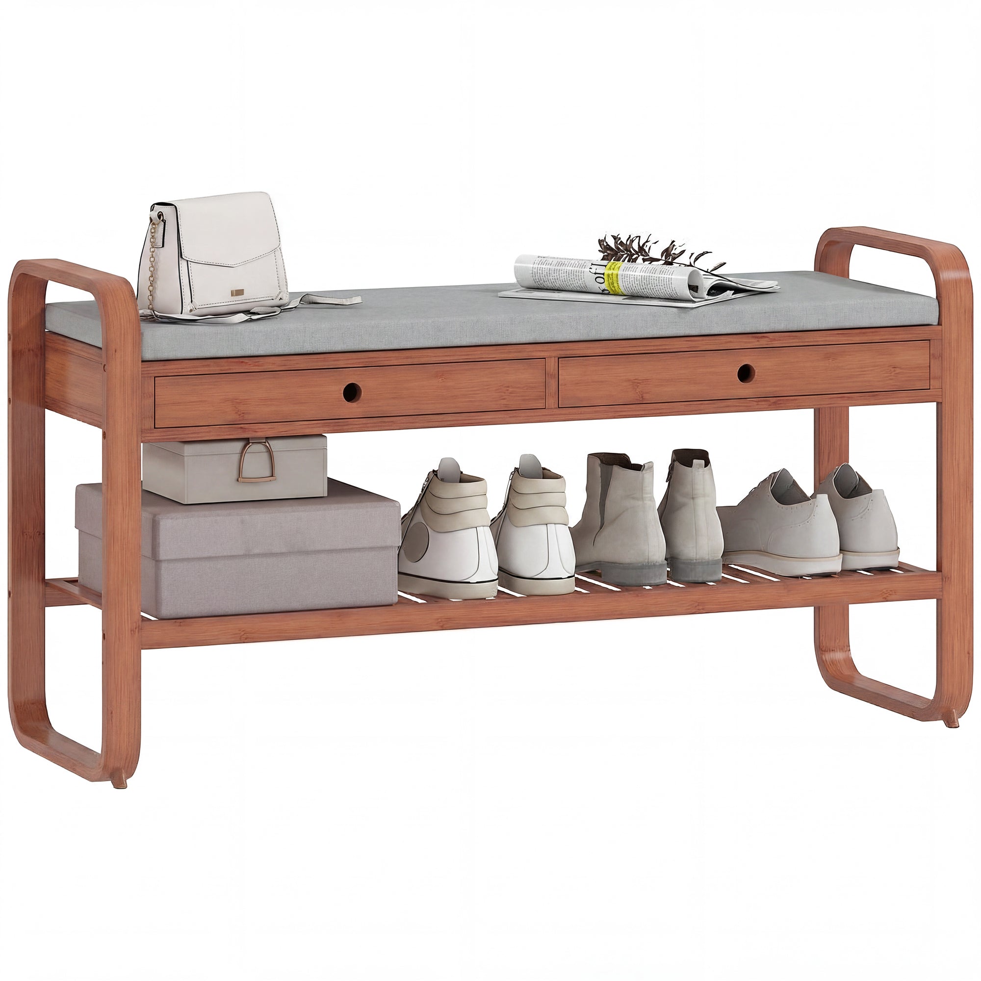 Shoe Bench with 2 Drawers, Shoe Storage Bench with Cushioned Seat, Storage Shelf and Bamboo Frame, 130 kg Weight Capacity, 105 x 33.2 x 55 cm, Dark Brown and Grey