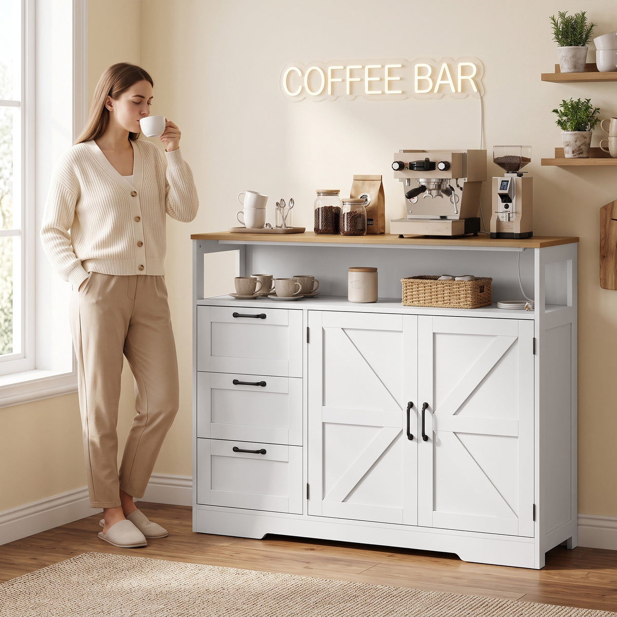 Sideboard Buffet Cabinet with Storage and Charging Station, 48" Farmhouse Kitchen Storage Cabinet with 3 Drawers and Open Shelf, Coffee Bar Station with Adjustable Shelf