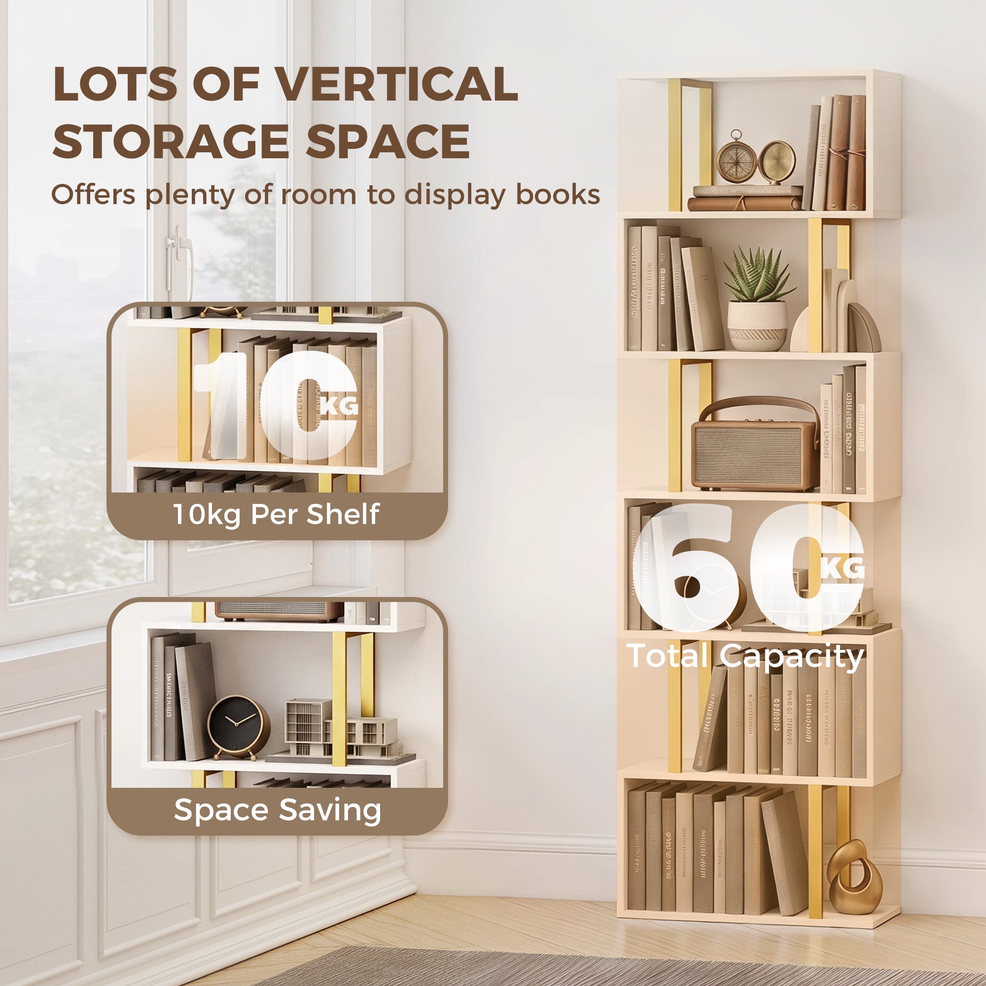 S-Shaped Bookshelf, 6-Tier Bookcase, Freestanding Storage Shelves with Anti-Tip Strap for Study, Living Room, White