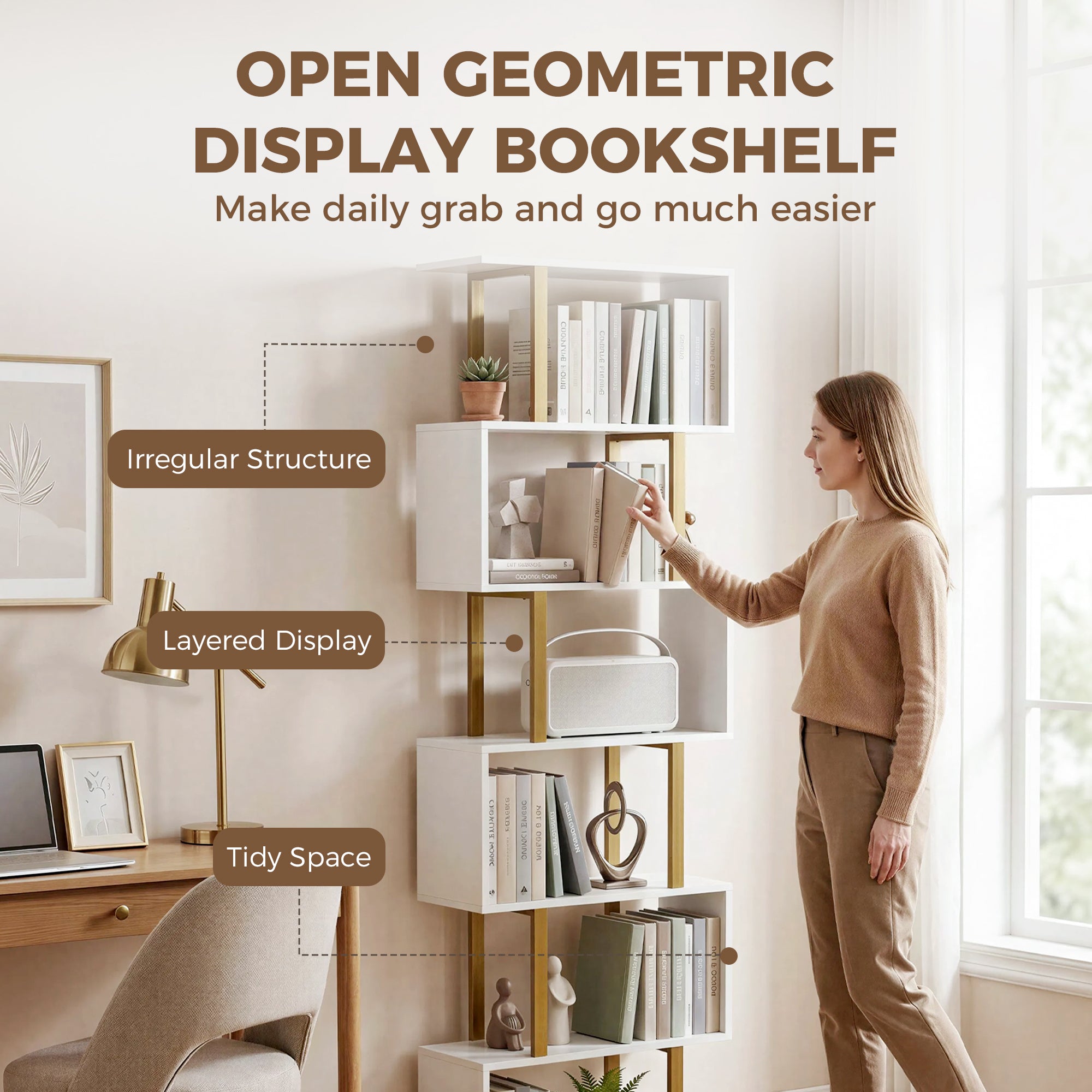 S-Shaped Bookshelf, 6-Tier Bookcase, Freestanding Storage Shelves with Anti-Tip Strap for Study, Living Room, White