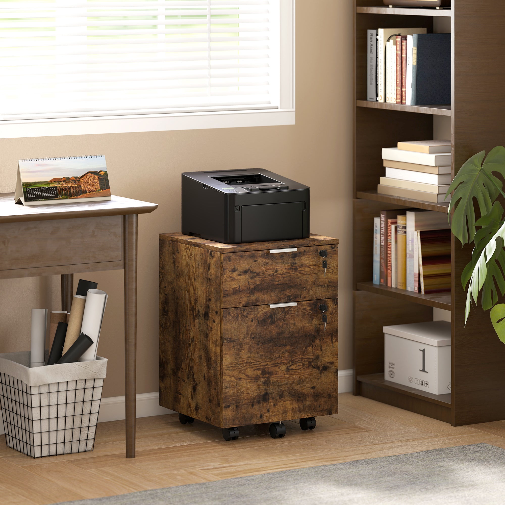 Mobile File Cabinet with Wheels and Lock, 2 Drawer Under Desk Office Cabinet, Adjustable A4 and Letter Hanging Bars, Black and Rustic Brown
