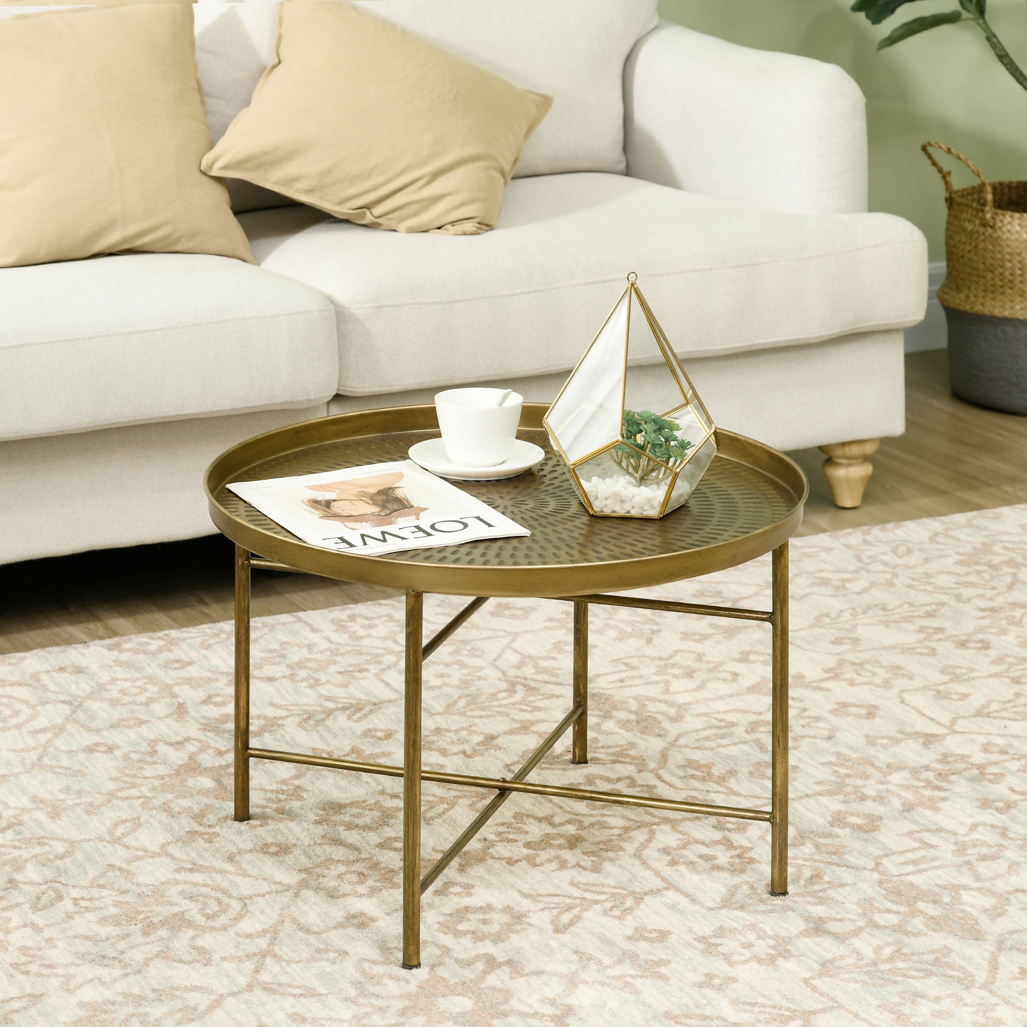 HOMCOM 24" Round Coffee Table with Hammered Drop Tray Top, Vintage Metal Center Table for Living Room, Side Table, Gold