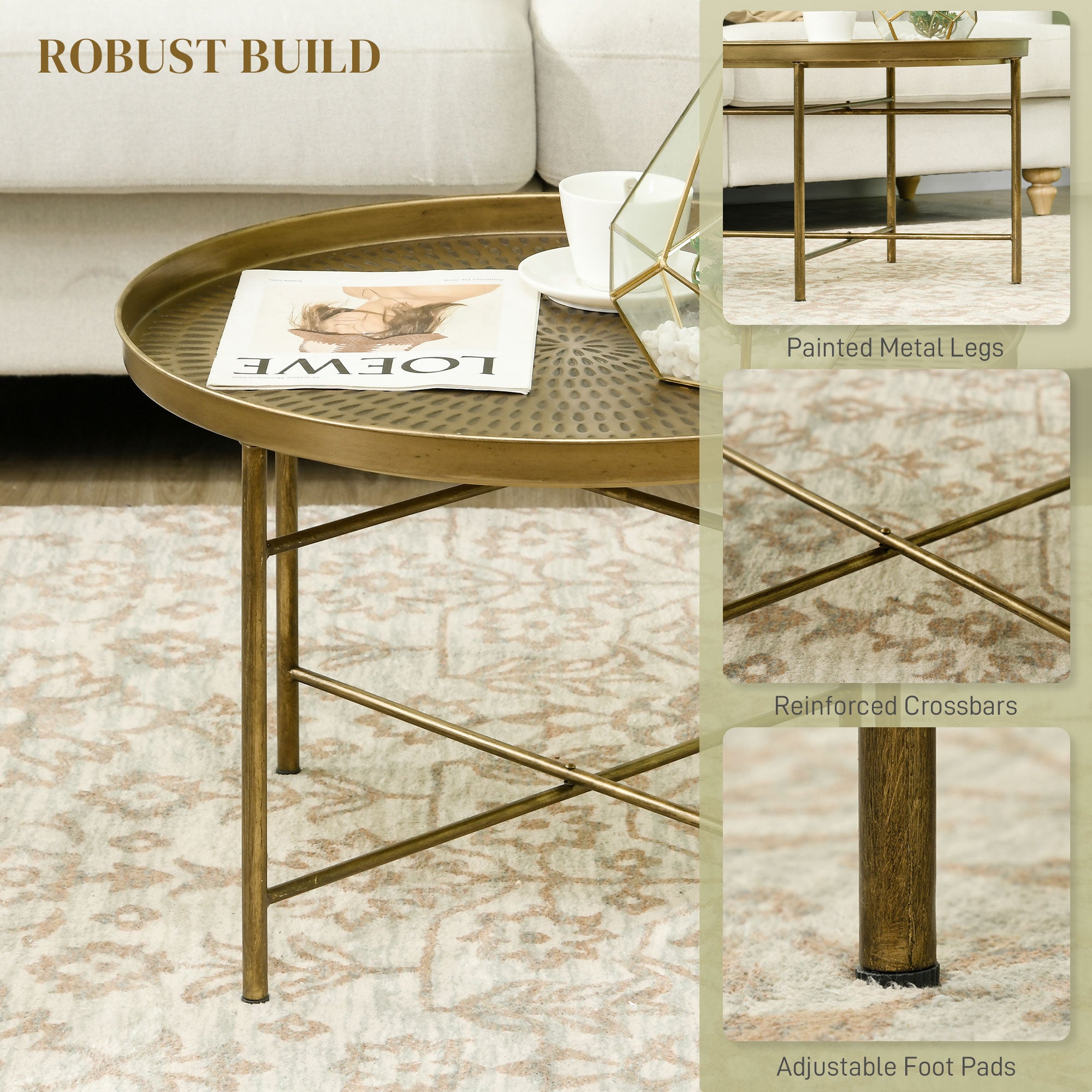 HOMCOM 24" Round Coffee Table with Hammered Drop Tray Top, Vintage Metal Center Table for Living Room, Side Table, Gold