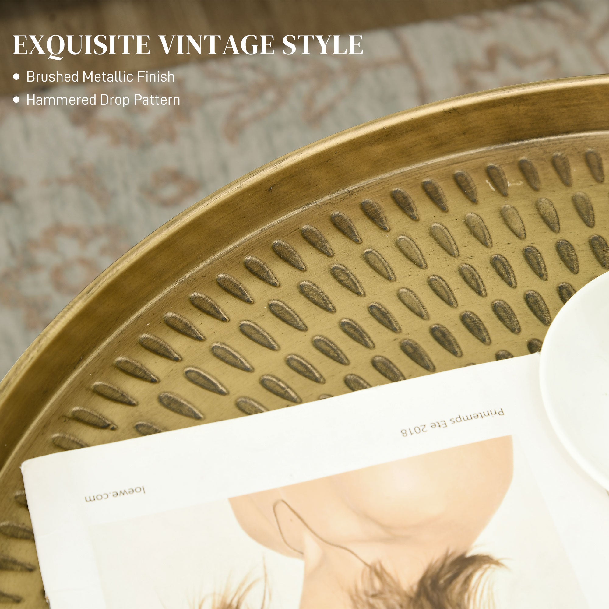 HOMCOM 24" Round Coffee Table with Hammered Drop Tray Top, Vintage Metal Center Table for Living Room, Side Table, Gold