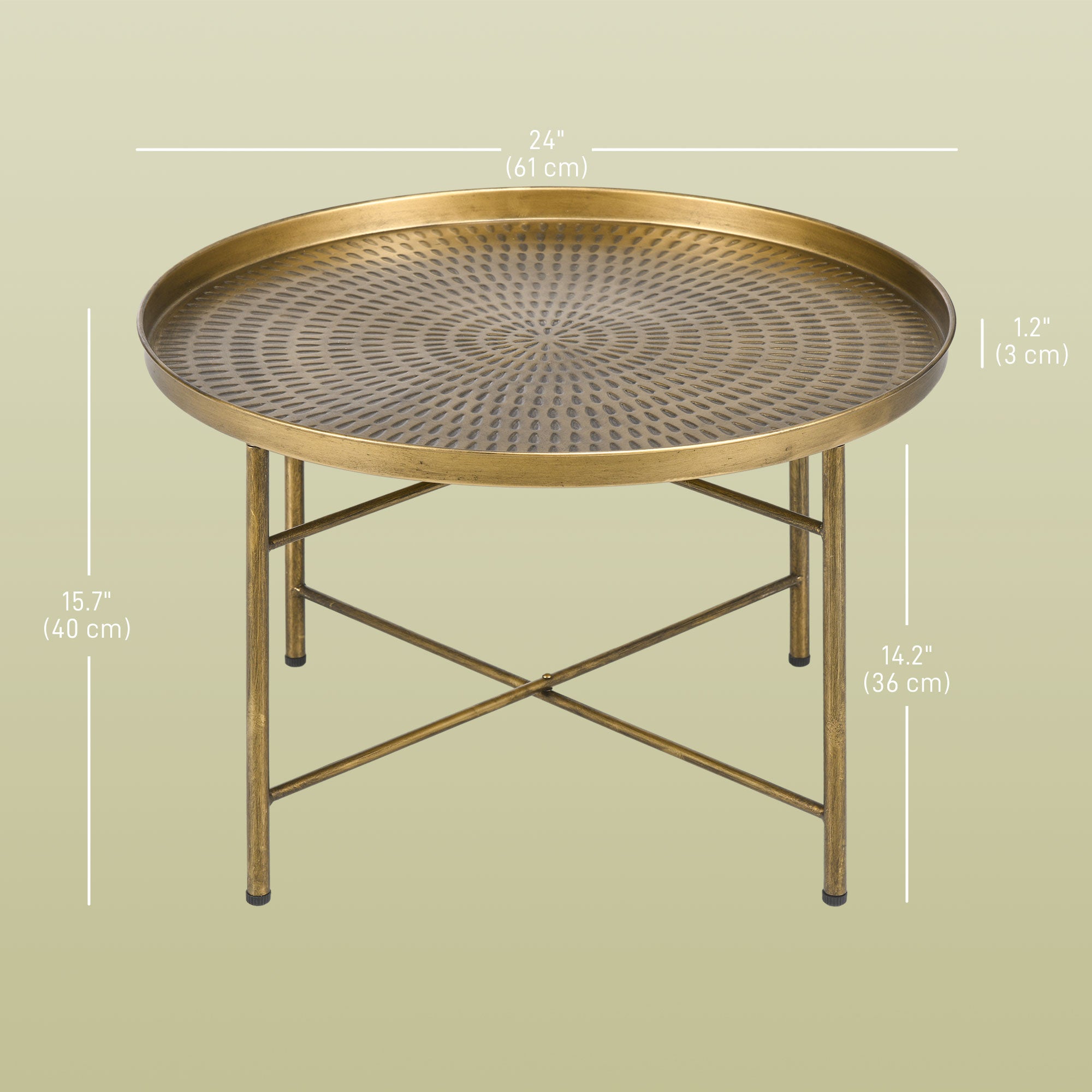 HOMCOM 24" Round Coffee Table with Hammered Drop Tray Top, Vintage Metal Center Table for Living Room, Side Table, Gold