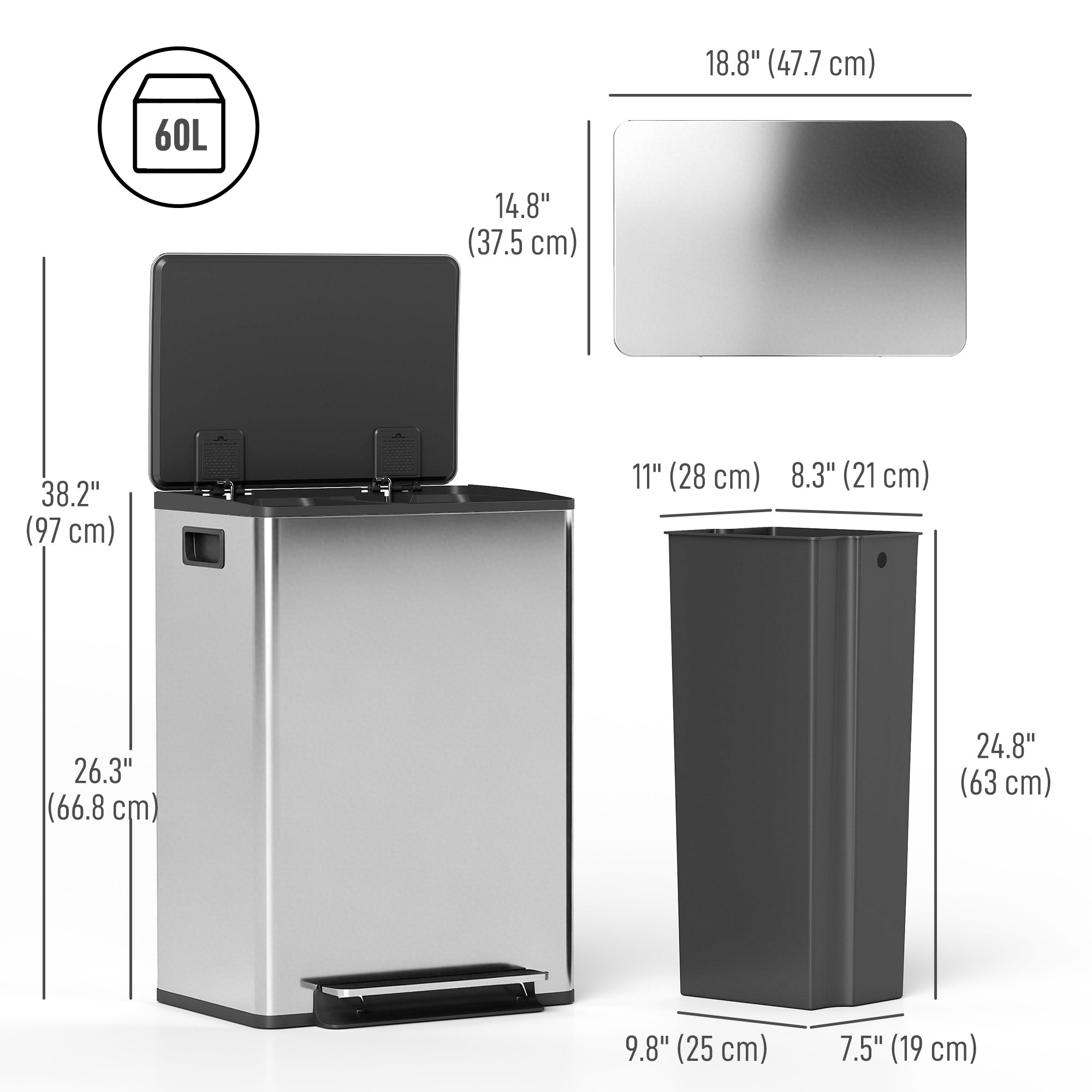 2 x 30L / 7.9 Gallon Dual Trash Can, Soft-Close Lid Stainless Steel Double Garbage Bin with Removable Inner Buckets and Handles for Kitchen, Office, Bathroom, Silver