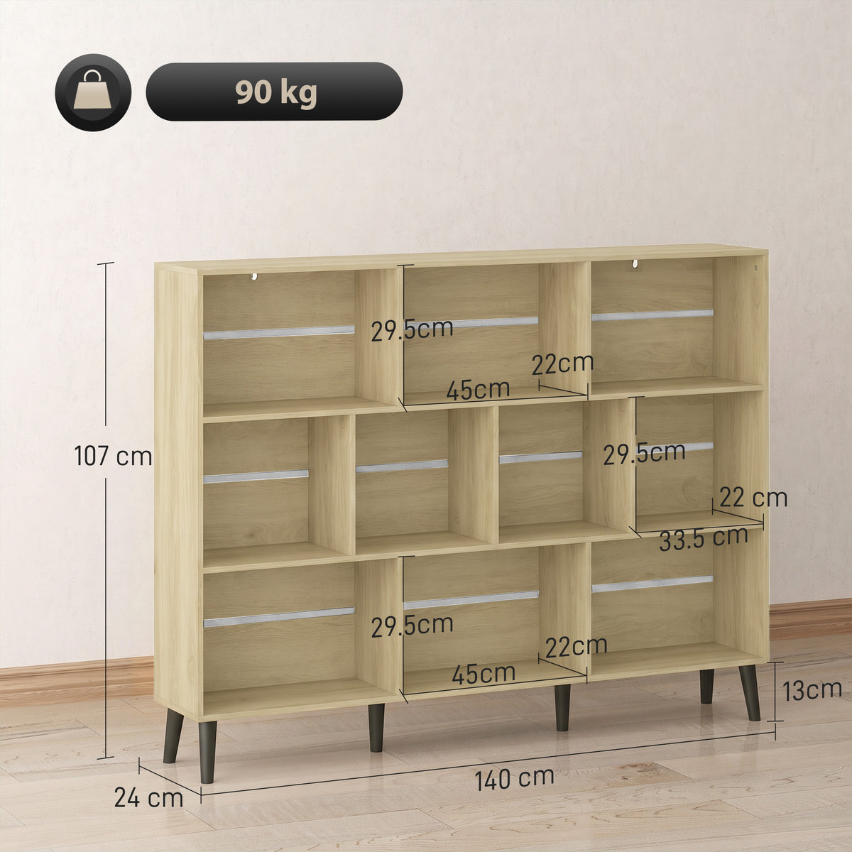 10-Cube Bookshelf, 3-Tier Bookcase with Solid Wood Legs, 140 cm Modern Freestanding Book Shelf with Anti-Tip Kit for Bedroom Living Room Study Office, Oak