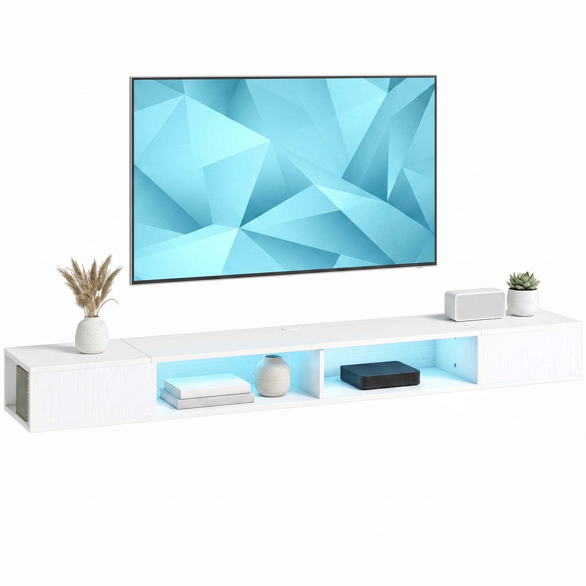 TV Stand for TVs up to 75 Inch, Modern Entertainment Center with RGB LED Lights, Floating Wall-Mounted Media Console with Open Shelves for Living Room, White Wood Grain