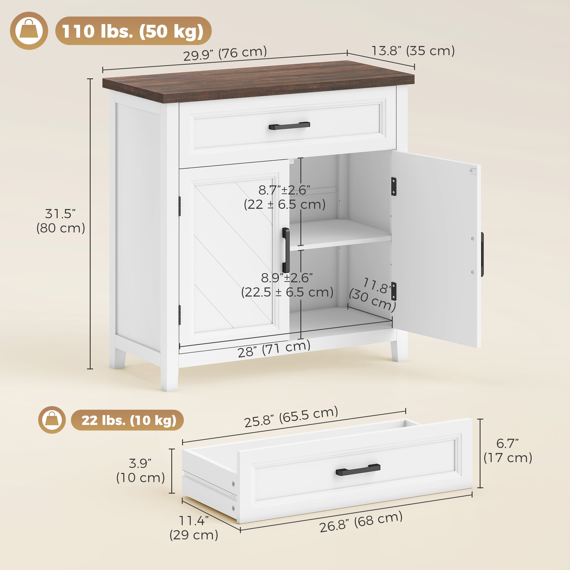 Modern Farmhouse Sideboard Buffet Cabinet with Storage & 2 Doors, 30" Narrow Sideboard, Kitchen Storage Cabinet with Adjustable Shelf, for Kitchen, Living Room, White