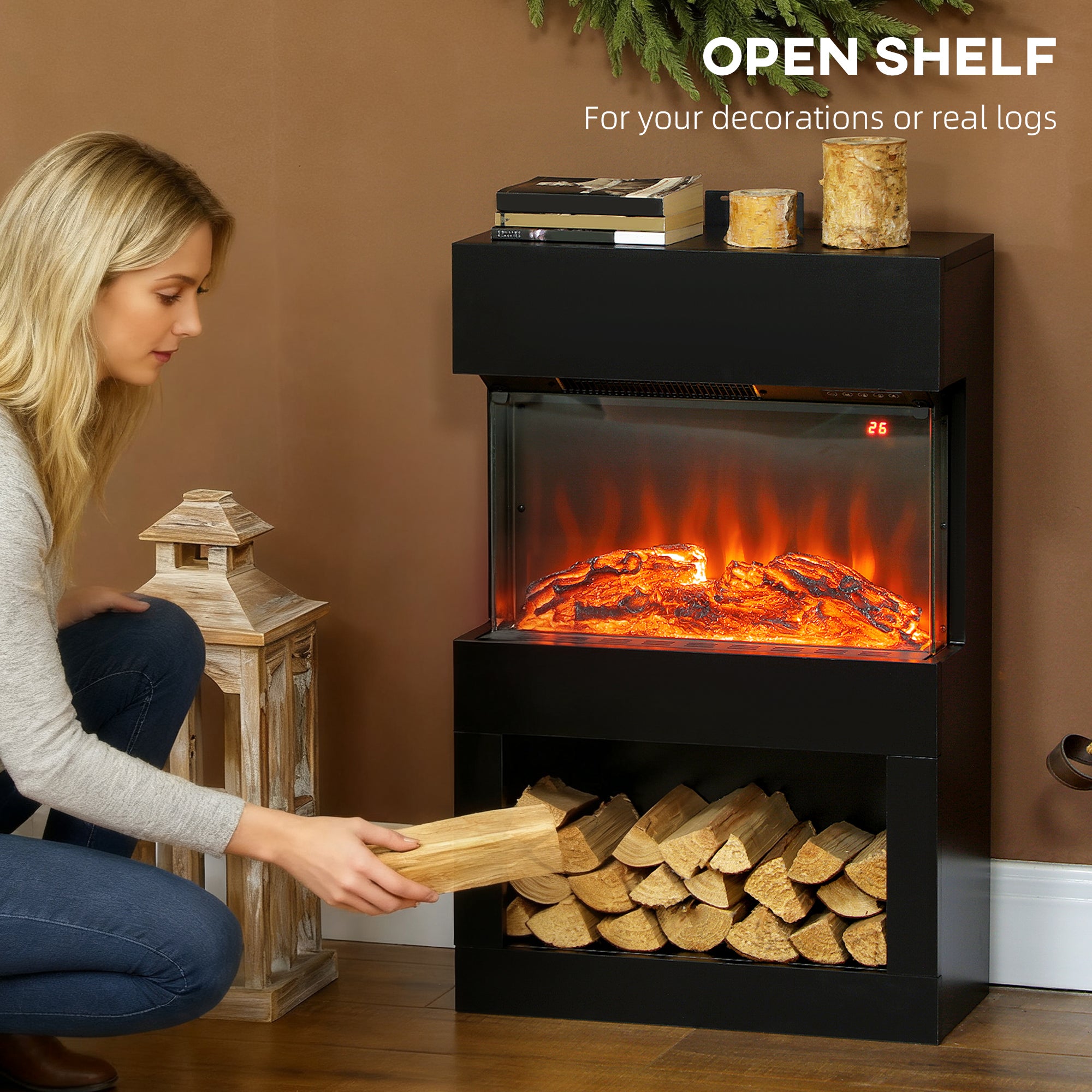 19" Electric Fireplace with Surround, 3D Flame Effect, 6 Colours & 3 Brightness Levels, 1000W/2000W Black Electric Fire and Mantel Reach up to 30㎡ Space with Remote & Timer, 3 Sided View