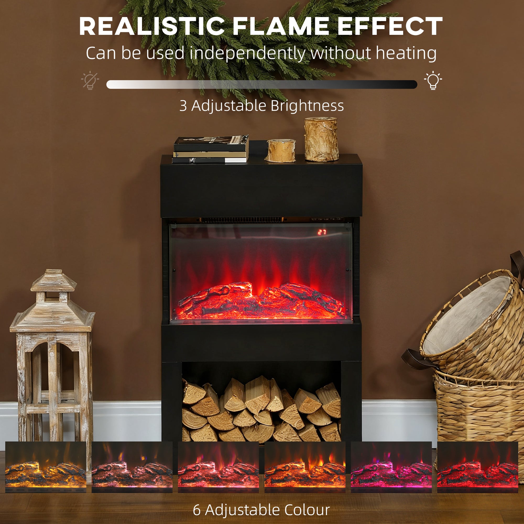 19" Electric Fireplace with Surround, 3D Flame Effect, 6 Colours & 3 Brightness Levels, 1000W/2000W Black Electric Fire and Mantel Reach up to 30㎡ Space with Remote & Timer, 3 Sided View