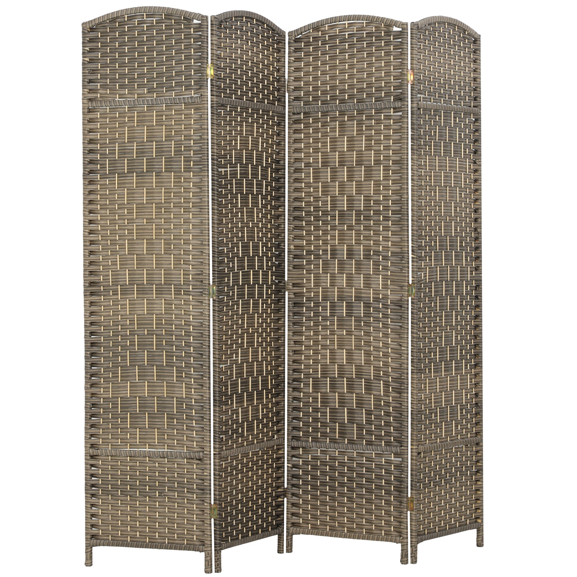 4 Panel Room Divider, 6' Tall Folding Privacy Screen, Hand-Woven Freestanding Wall Partition for Home Office, Bedroom, Dark Rustic Oak