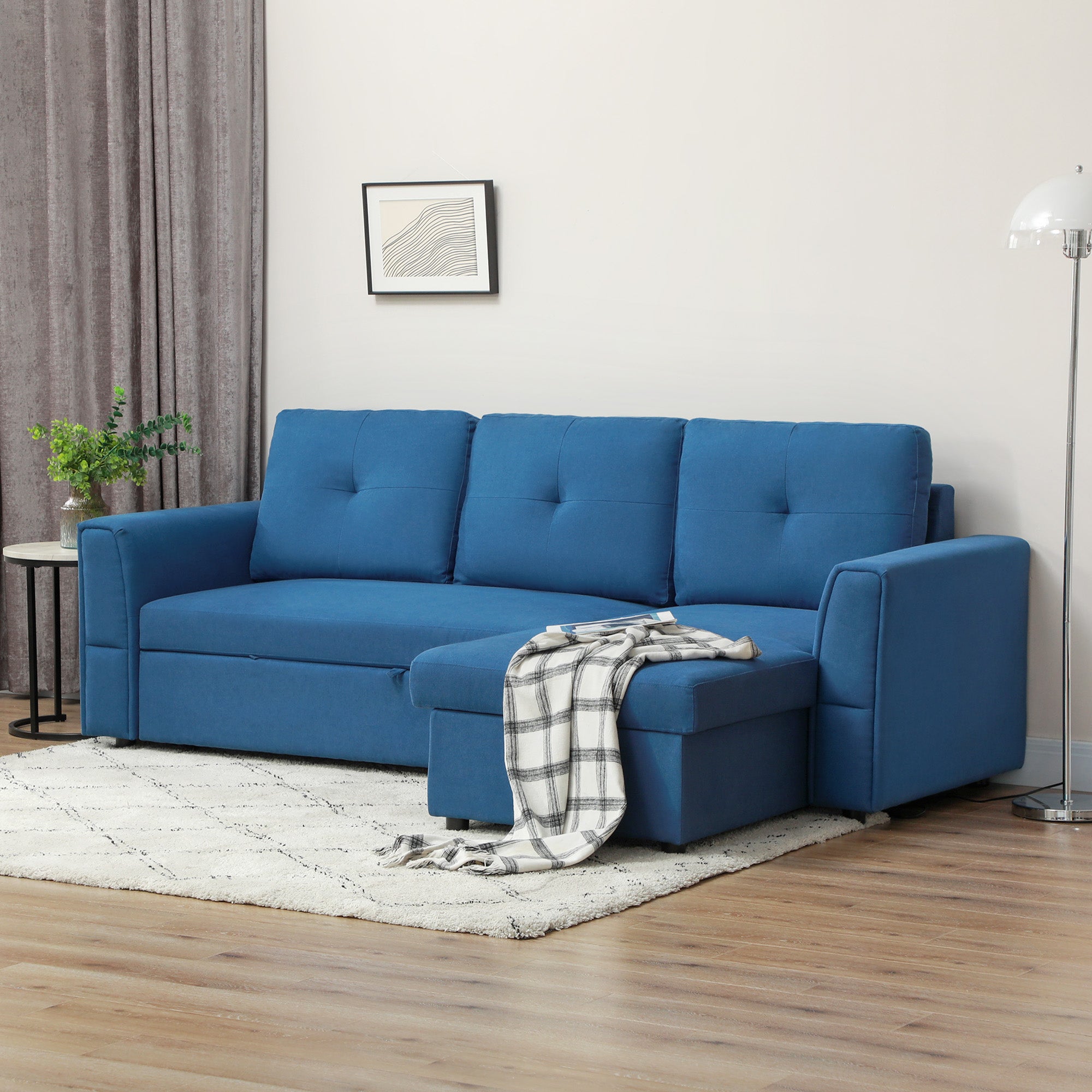 HOMCOM 3 Seater Sofa Bed, L-Shaped Corner Sofa, Pull Out Sofa with Storage, Convertible Click Clack Settee Sectional Sleeper Futon for Living Room, Office, Dark Blue