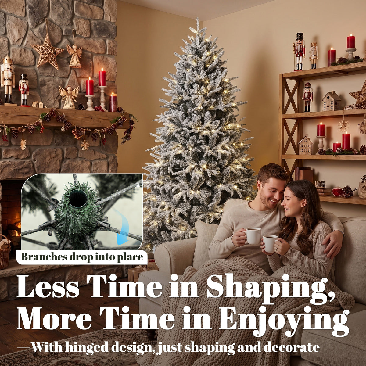 6ft Flocked Prelit Christmas Tree, Hinged Xmas Tree with 2015 Tips, 260 Warm White LED Lights, Foldable Metal Base, Full Snowy Appearance for Indoor Holiday Decor, Green White