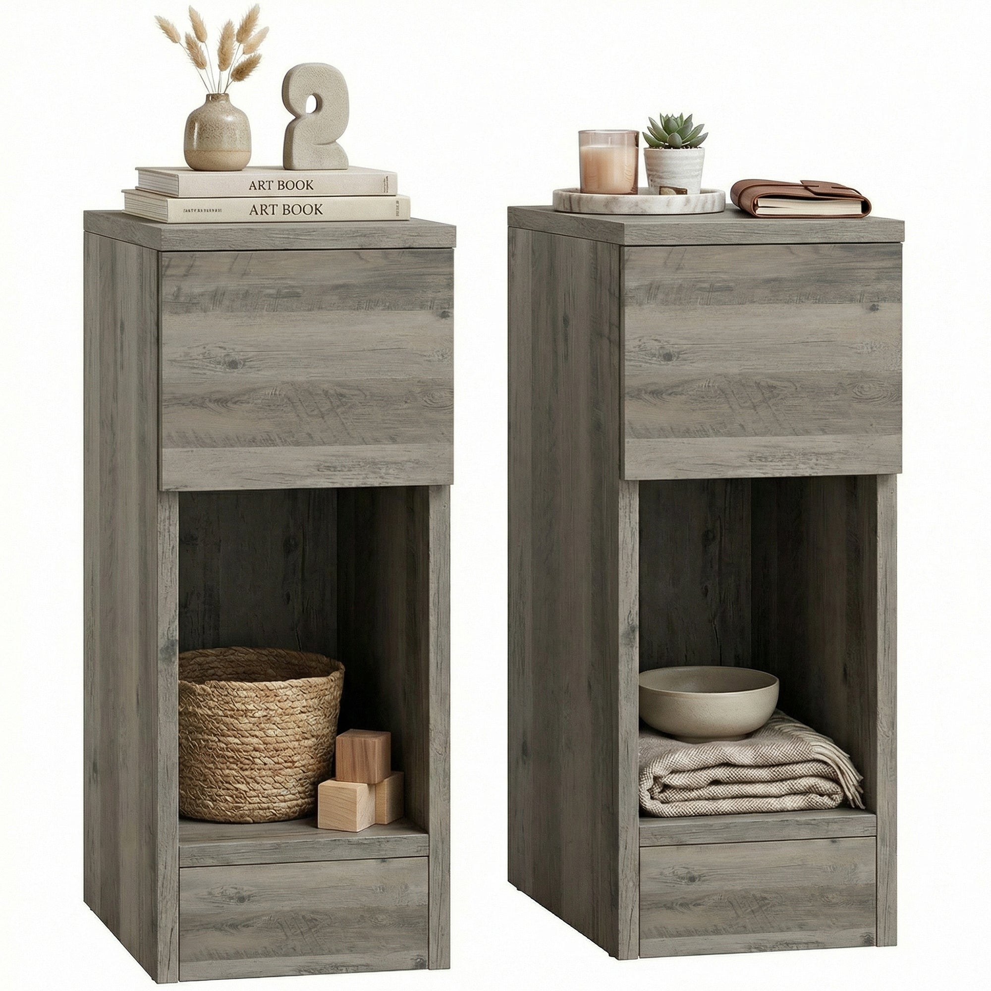 Bedside Tables Set of 2, Modern Side Tables with Drawer and Shelf, Nightstands for Bedroom, Living Room, Grey