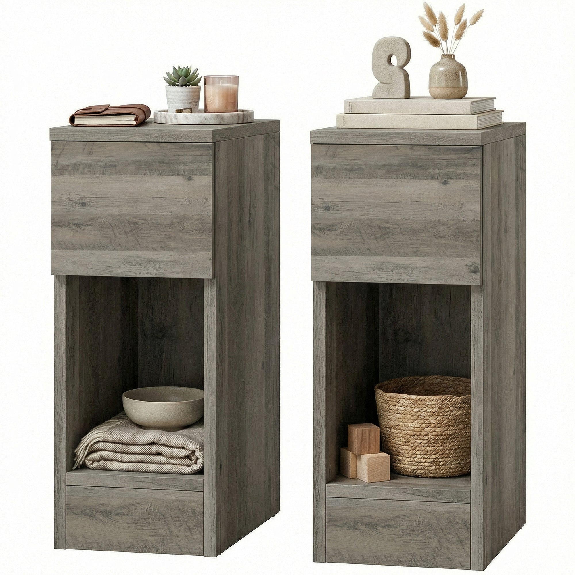 Bedside Tables Set of 2, Modern Side Tables with Drawer and Shelf, Nightstands for Bedroom, Living Room, Grey