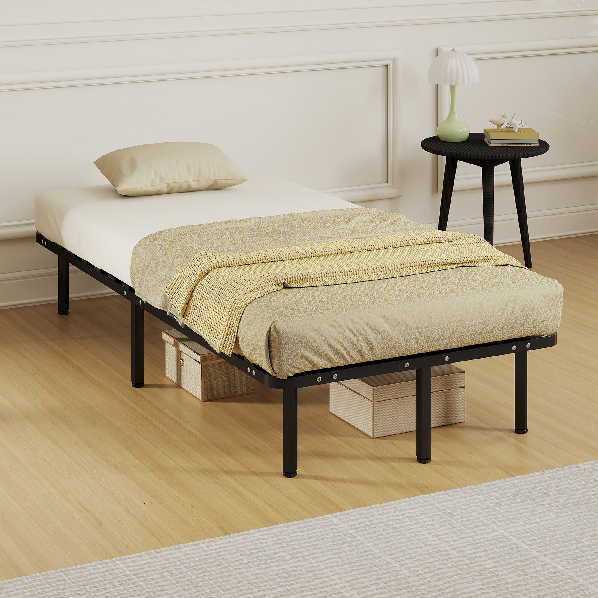 3ft Single Bed Frame, Metal Platform Bed Frame with 2 x 14 Wood Slats, No Box Spring Needed, Underbed Storage, Easy to Assemble, Black