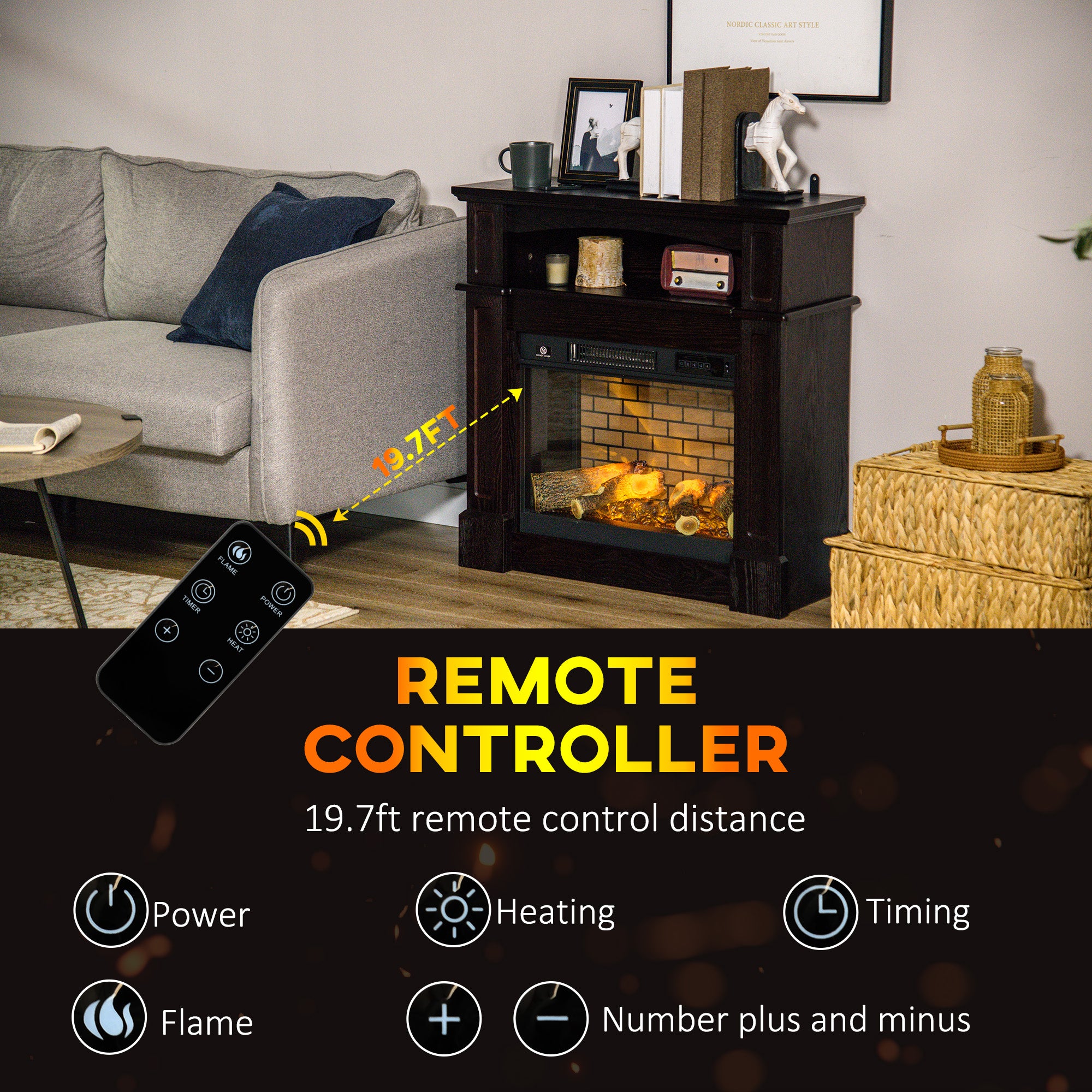 HOMCOM 32" Electric Fireplace Heater with Mantel, Freestanding Fireplace Stove with Log Hearth, Adjustable Realistic Flame and Remote Control, 700W/1400W, Brown
