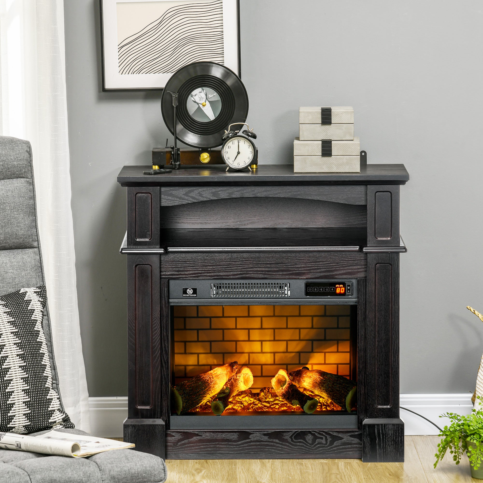 HOMCOM 32" Electric Fireplace Heater with Mantel, Freestanding Fireplace Stove with Log Hearth, Adjustable Realistic Flame and Remote Control, 700W/1400W, Brown