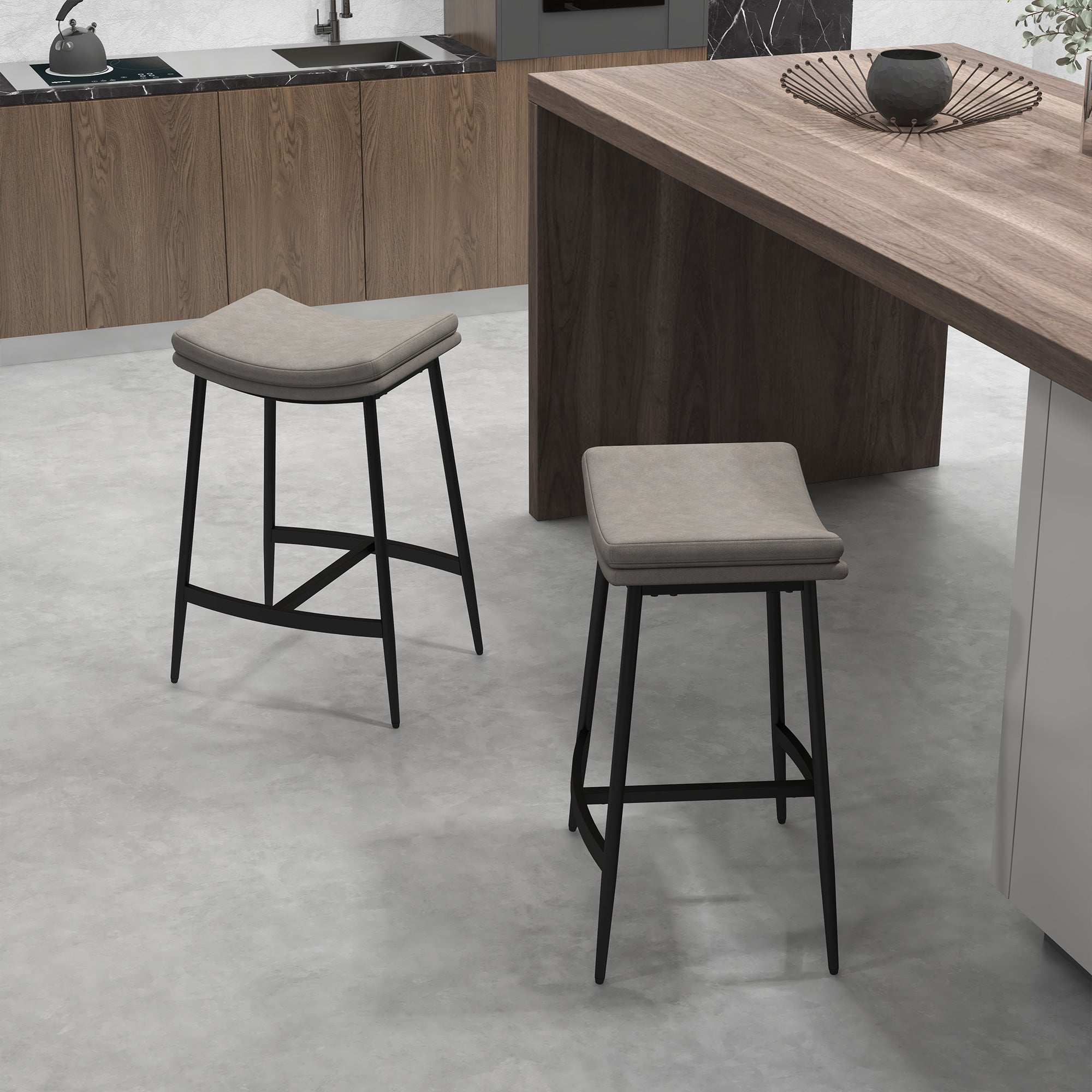 HOMCOM Breakfast Bar Stools Set of 2, Microfibre Upholstered Barstools, Industrial Bar Chairs with Curved Seat and Steel Frame for Dining Room, Kitchen, Grey