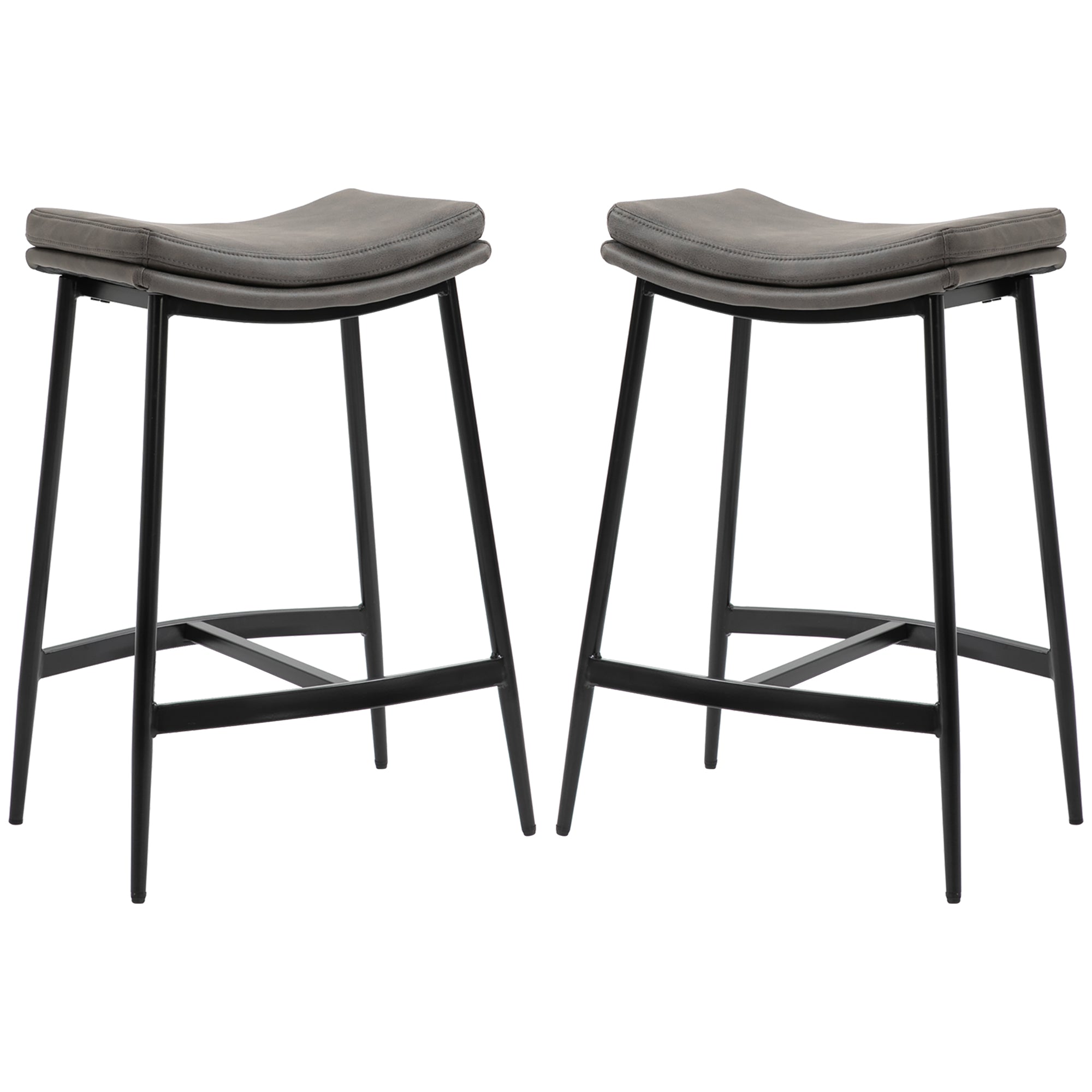 HOMCOM Breakfast Bar Stools Set of 2, Microfibre Upholstered Barstools, Industrial Bar Chairs with Curved Seat and Steel Frame for Dining Room, Kitchen, Grey