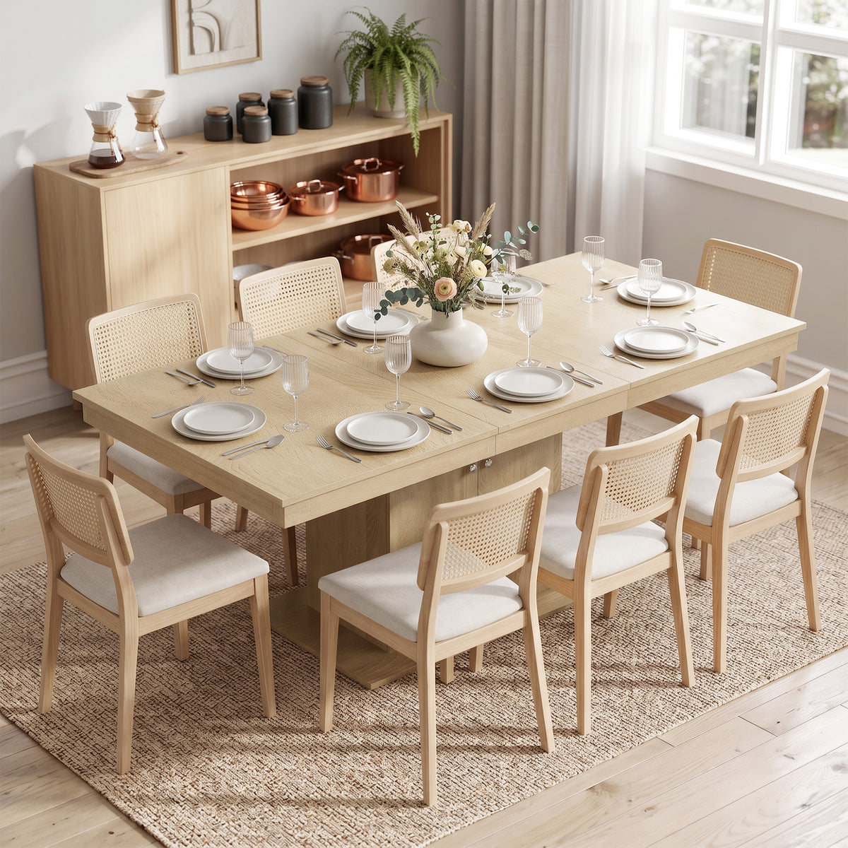 Extendable Dining Room Table for 6-8, 55"-71" Rectangle Kitchen Dining Table with Cabinet, Adjustable Shelf, Mid Century Modern Dinner Furniture, Living Room, Natural Wood
