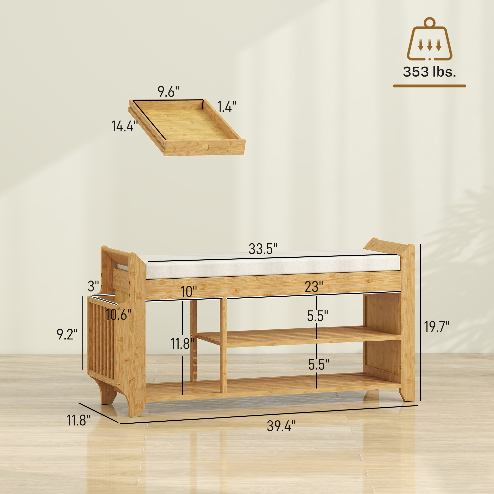 Shoe Bench with Cushioned Seat, 2-Tier Entryway Bench with Side Umbrella Holder, 39.4" in Natural Bamboo Shoe Rack for Hallway, Living Room, Natural and Cream