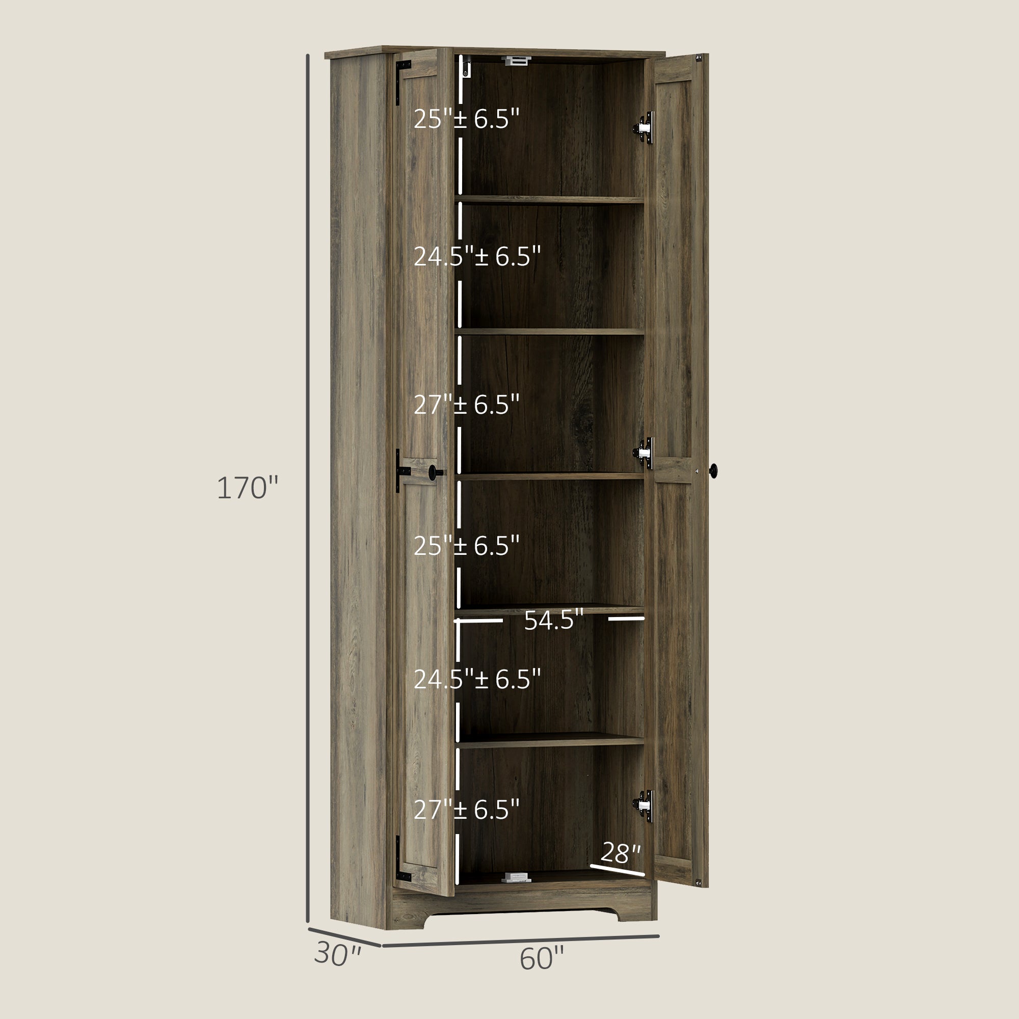 67" Farmhouse Pantry Cabinet, Freestanding Kitchen Pantry Storage Cabinet with Adjustable Shelves, Tall Storage Cupboard with Recessed Doors, Distressed Gray