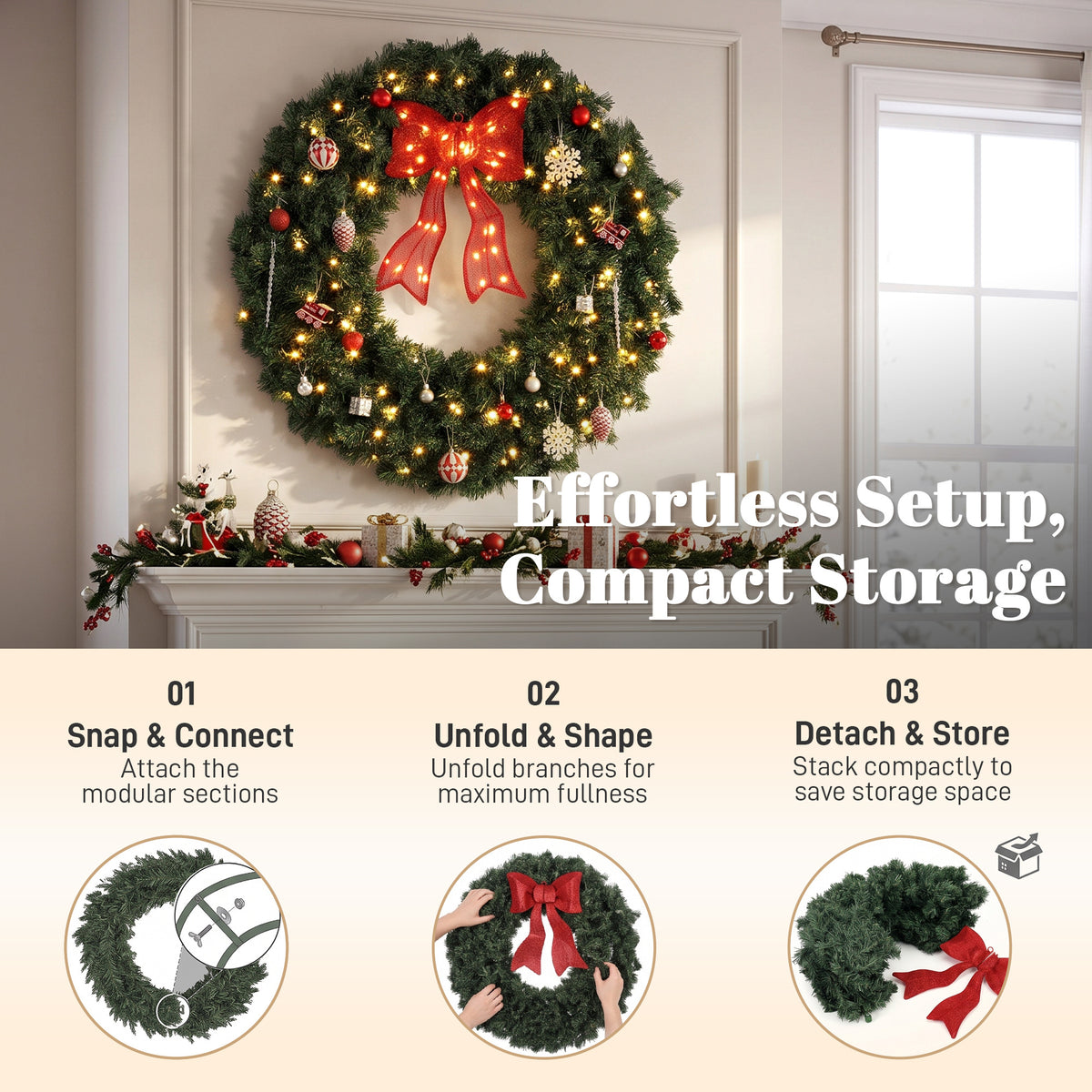 36 Inch Pre-Lit Christmas Wreath for Front Door with 130 LED Lights, Lighted Bow and 21 Ornament Set, Artificial Xmas Wreath for Covered Porch, Wall Decoration, Green