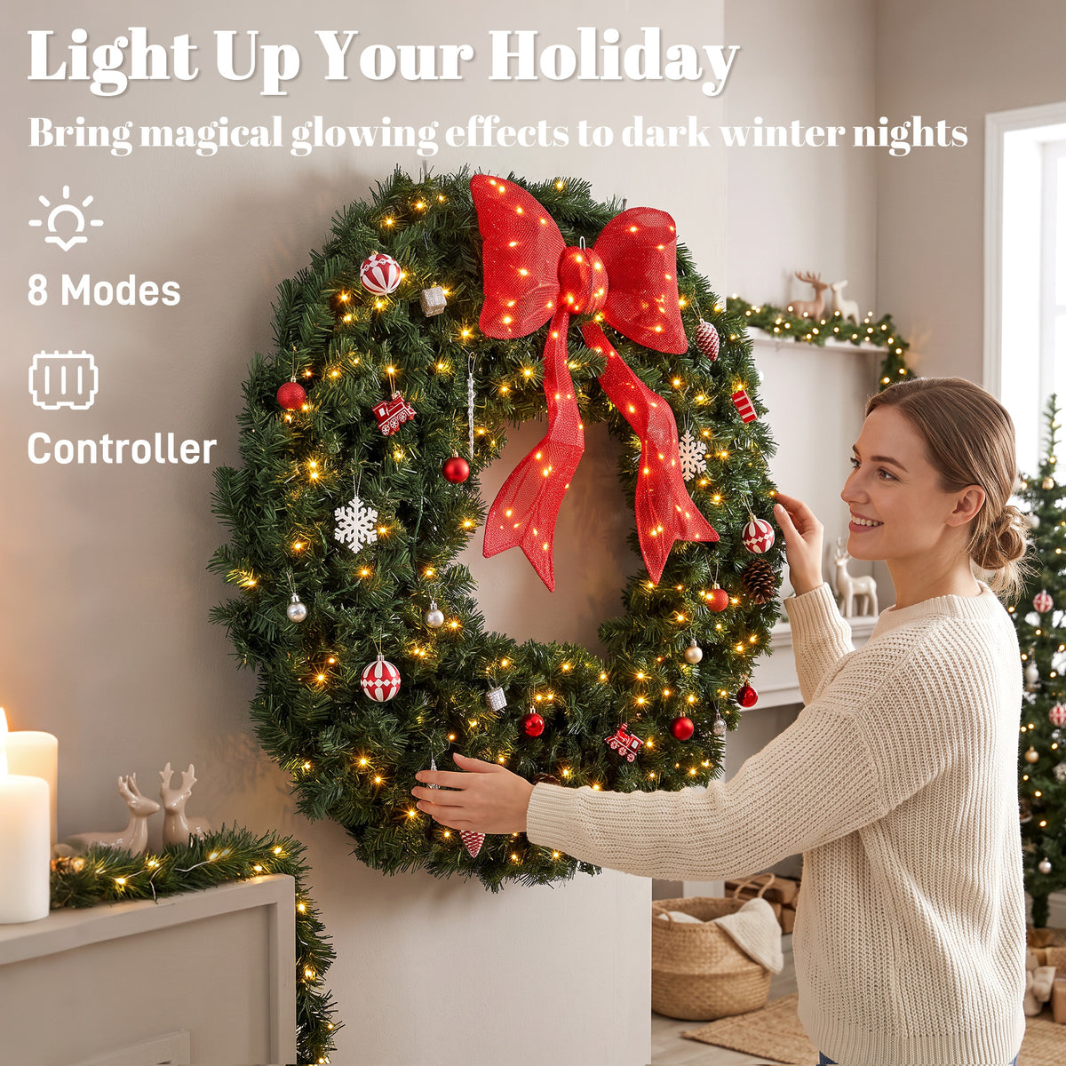36 Inch Pre-Lit Christmas Wreath for Front Door with 130 LED Lights, Lighted Bow and 21 Ornament Set, Artificial Xmas Wreath for Covered Porch, Wall Decoration, Green