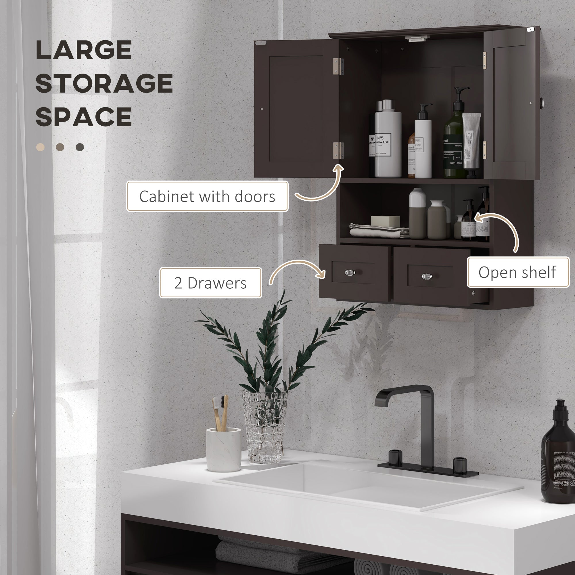 kleankin Bathroom Wall Cabinet, Medicine Cabinet, Over Toilet Storage Cabinet with Shelf and Drawers for Hallway, Living Room, Brown