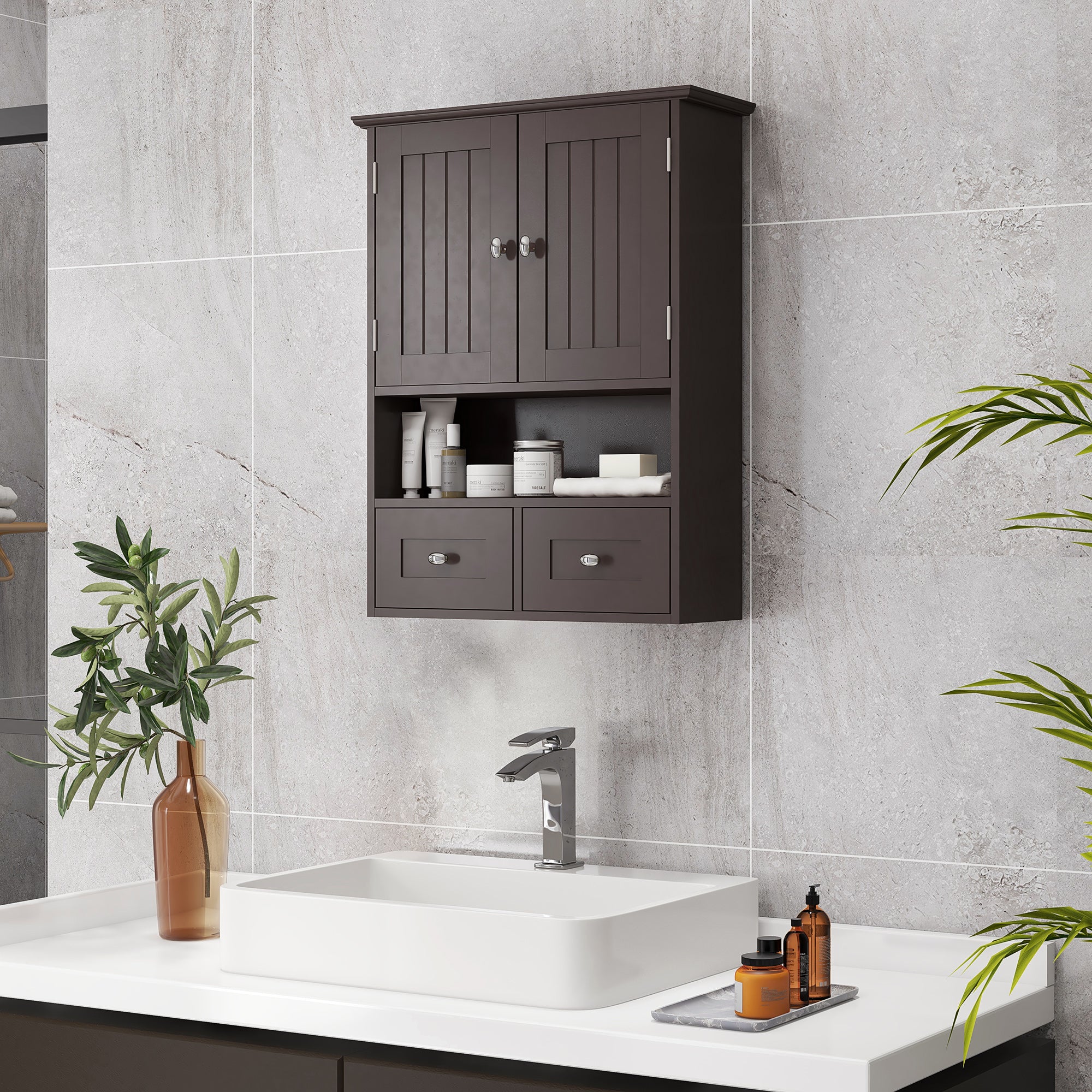 kleankin Bathroom Wall Cabinet, Medicine Cabinet, Over Toilet Storage Cabinet with Shelf and Drawers for Hallway, Living Room, Brown