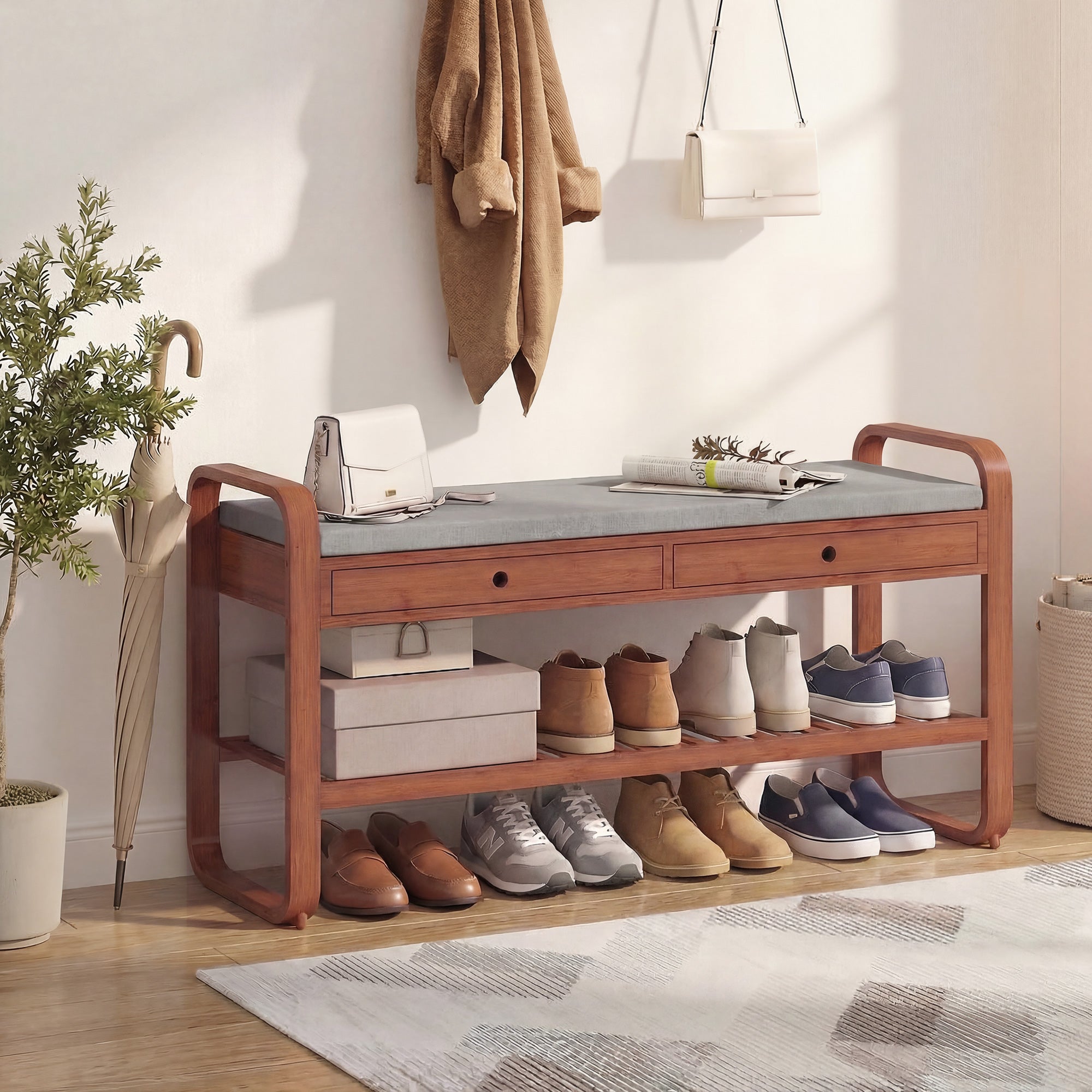 Shoe Bench with 2 Drawers, Shoe Storage Bench with Cushioned Seat, Storage Shelf and Bamboo Frame, 130 kg Weight Capacity, 105 x 33.2 x 55 cm, Dark Brown and Grey