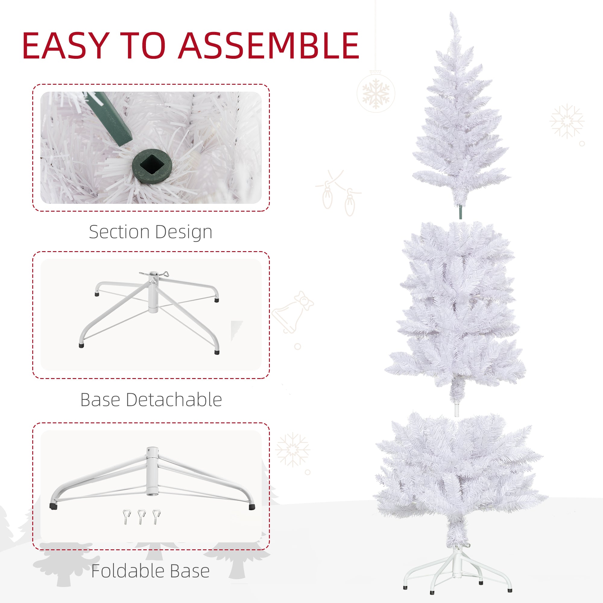 HOMCOM 6ft Tall Pencil Christmas Tree, Artificial Xmas Tree with 479 Branch Tips and Steel Base, Holiday Décor for Home Office, White