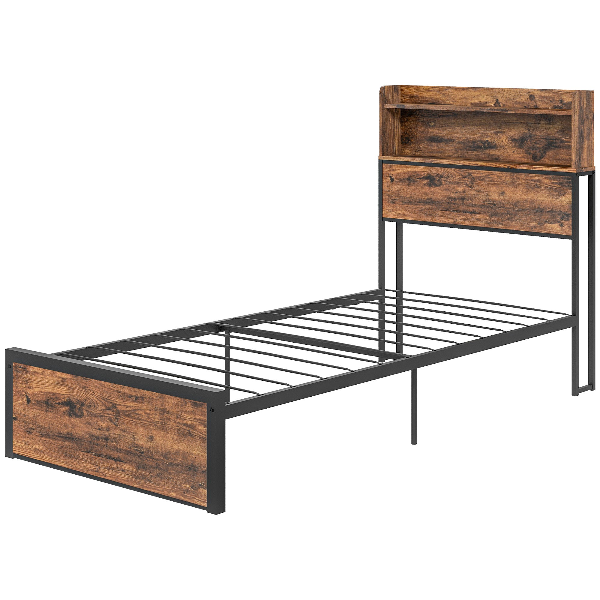HOMCOM Industrial Single Bed Frame, 3.1FT Steel Bed Base with Storage Headboard, Footboard, Slatted Support and Under Bed Storage, 95 x 209cm, Rustic Brown