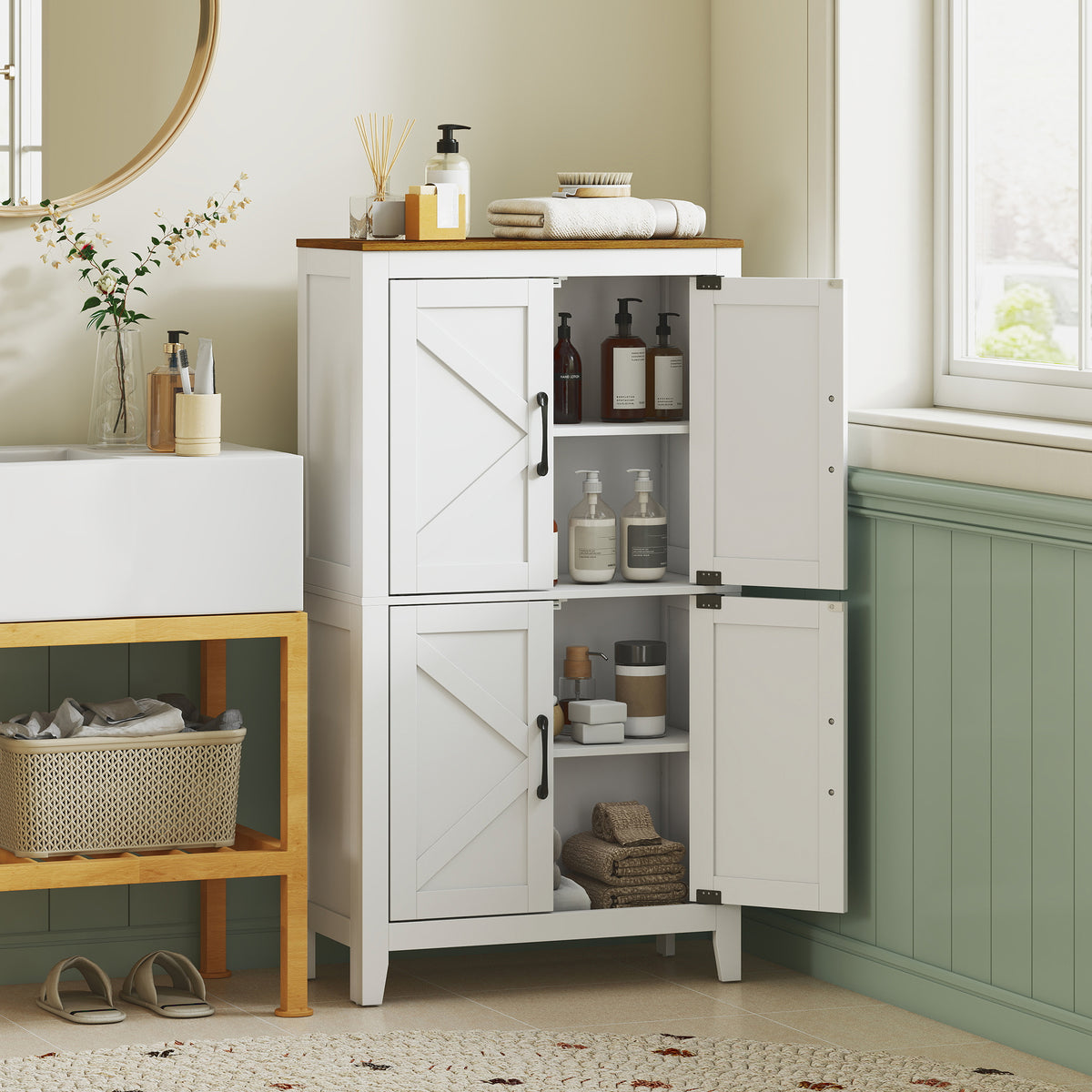 Bathroom Floor Cabinet, Farmhouse Freestanding Bathroom Storage Cabinet with Barn Doors and Adjustable Shelves, White