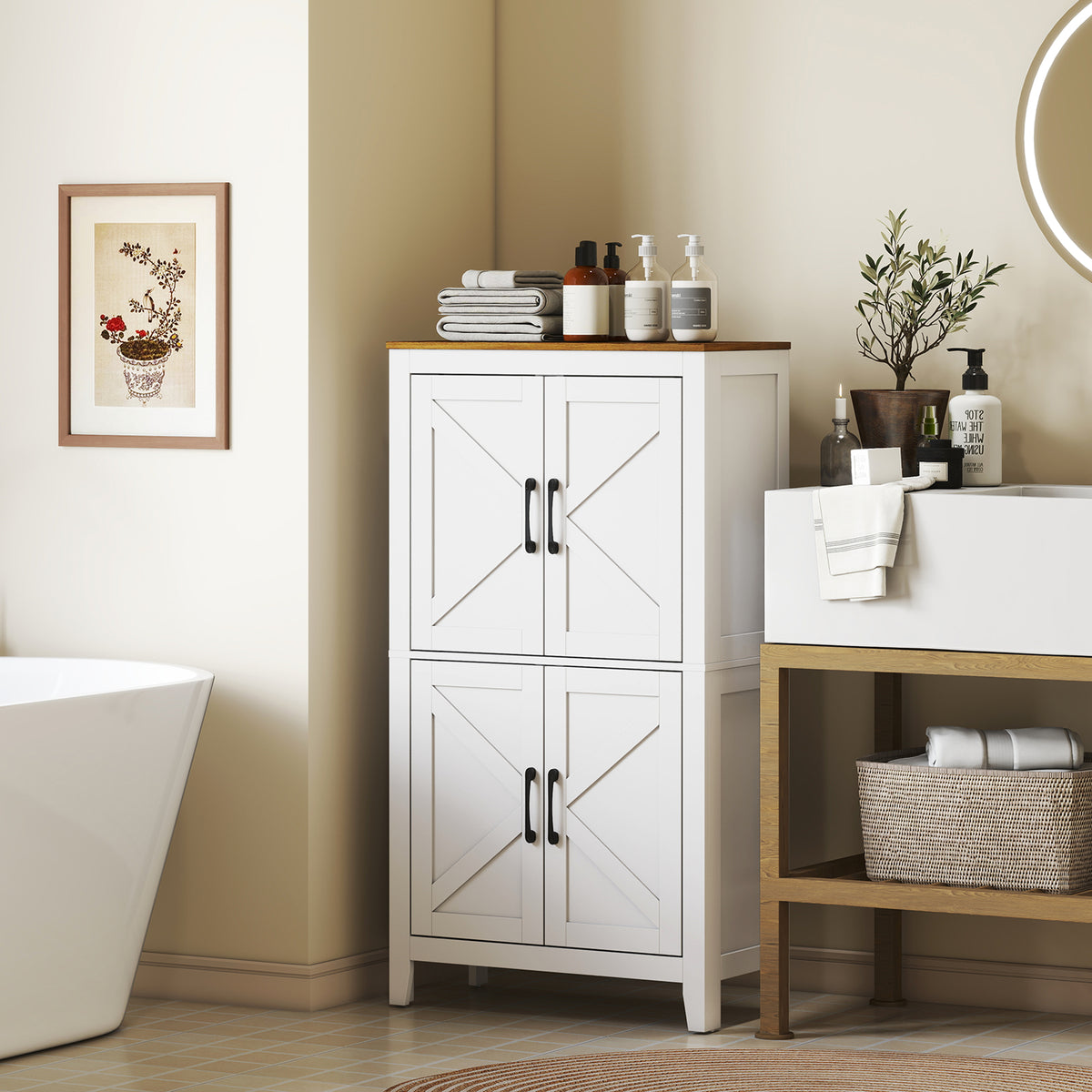 Bathroom Floor Cabinet, Farmhouse Freestanding Bathroom Storage Cabinet with Barn Doors and Adjustable Shelves, White