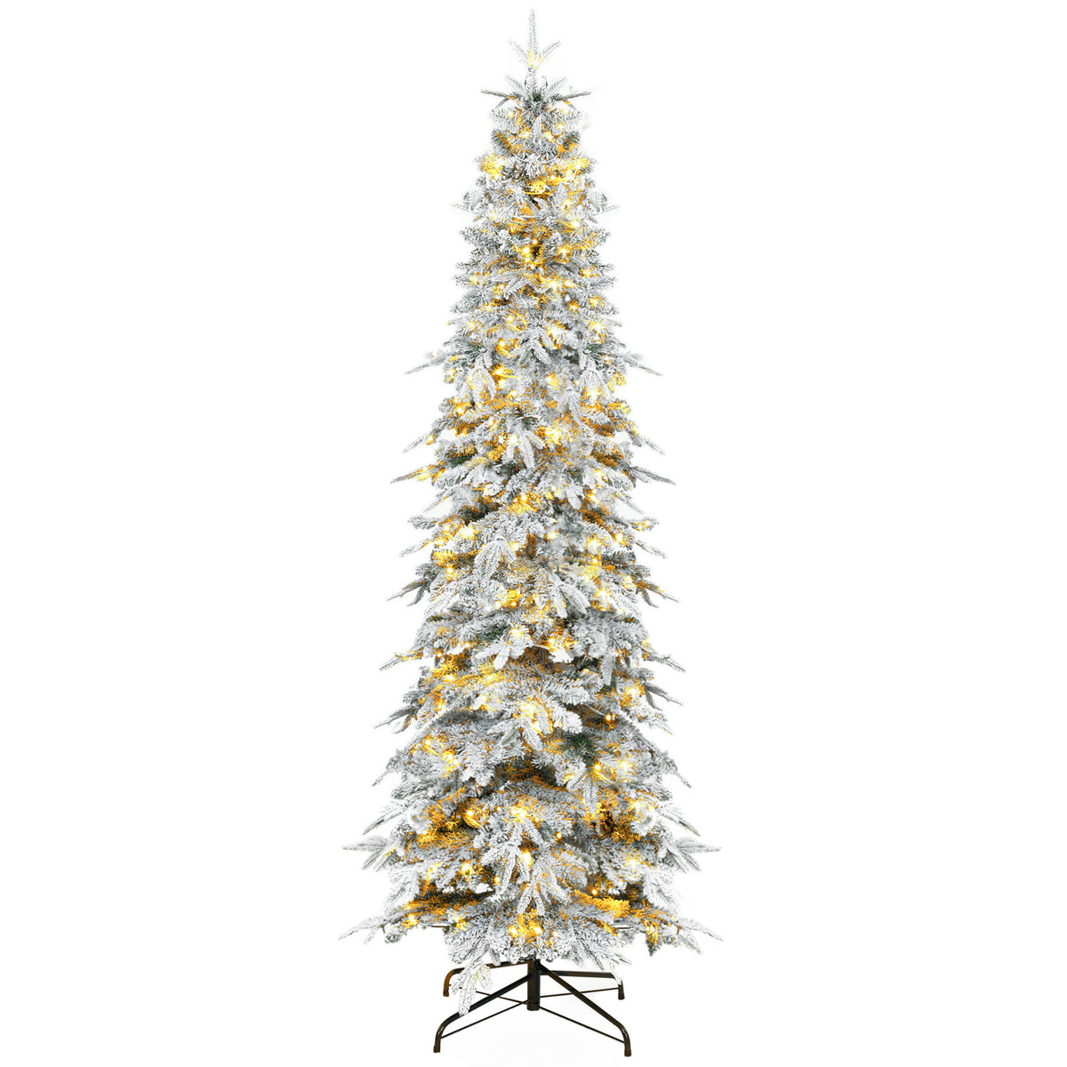 6ft Prelit Flocked Christmas Tree, Artificial Pencil Hinged Xmas Tree with Slim Downswept Shape, 280 Warm White LED Lights, 8 Modes, Daily Timer, 600 Tips, Remote, Steel Stand, Green White