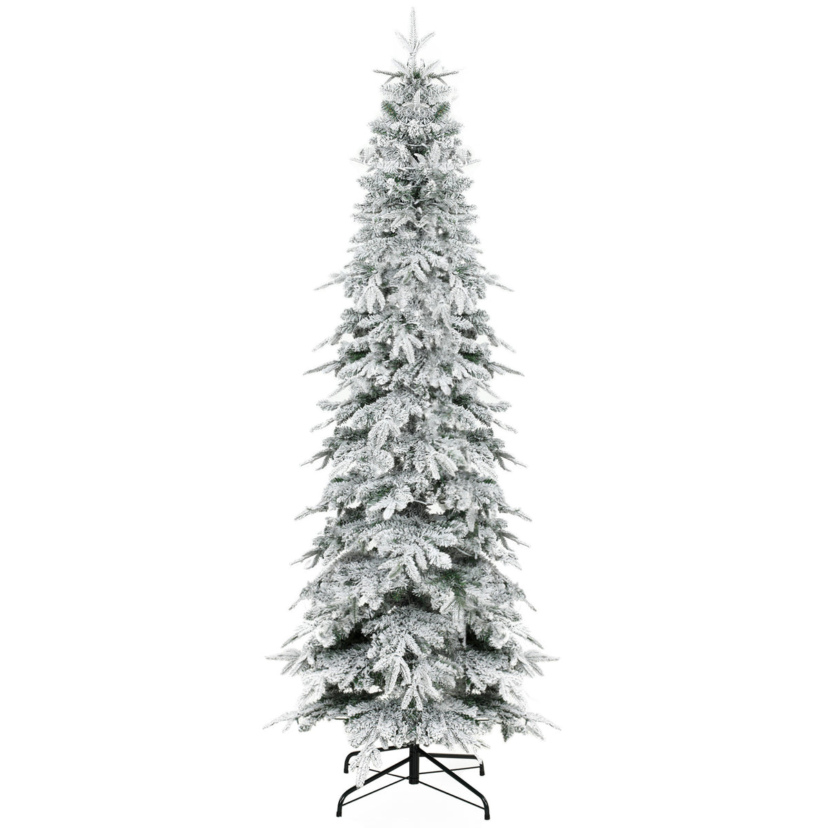 6ft Prelit Flocked Christmas Tree, Artificial Pencil Hinged Xmas Tree with Slim Downswept Shape, 280 Warm White LED Lights, 8 Modes, Daily Timer, 600 Tips, Remote, Steel Stand, Green White