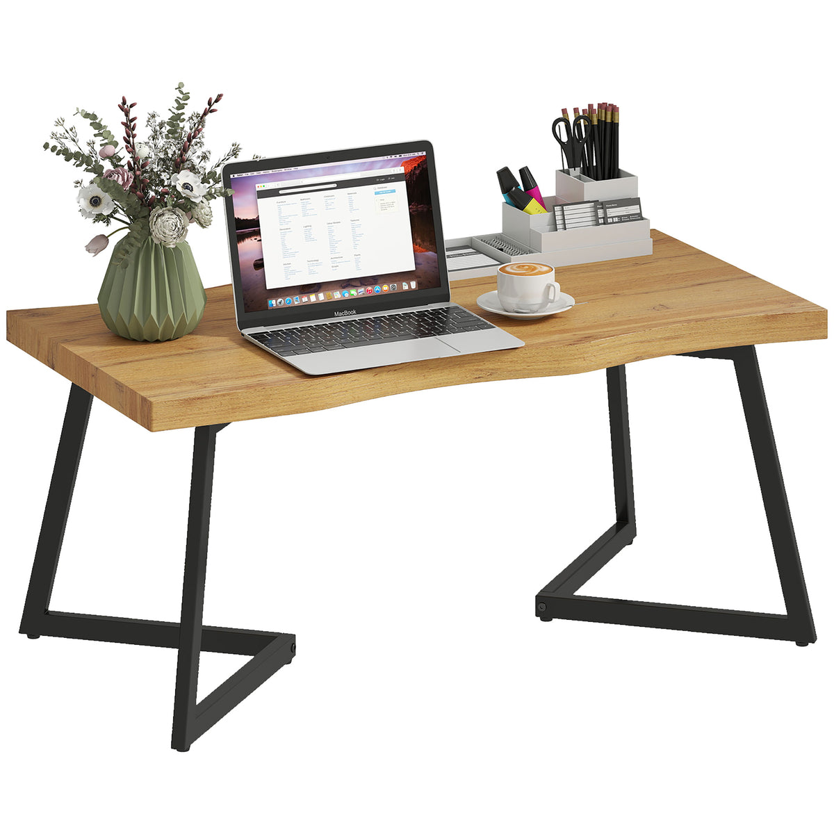Modern Coffee Table, Living Room Table with Curved Thick Top and Metal Legs for Living Room, Bedroom, Office, 39.4" x 19.7" x 17.7", Oak