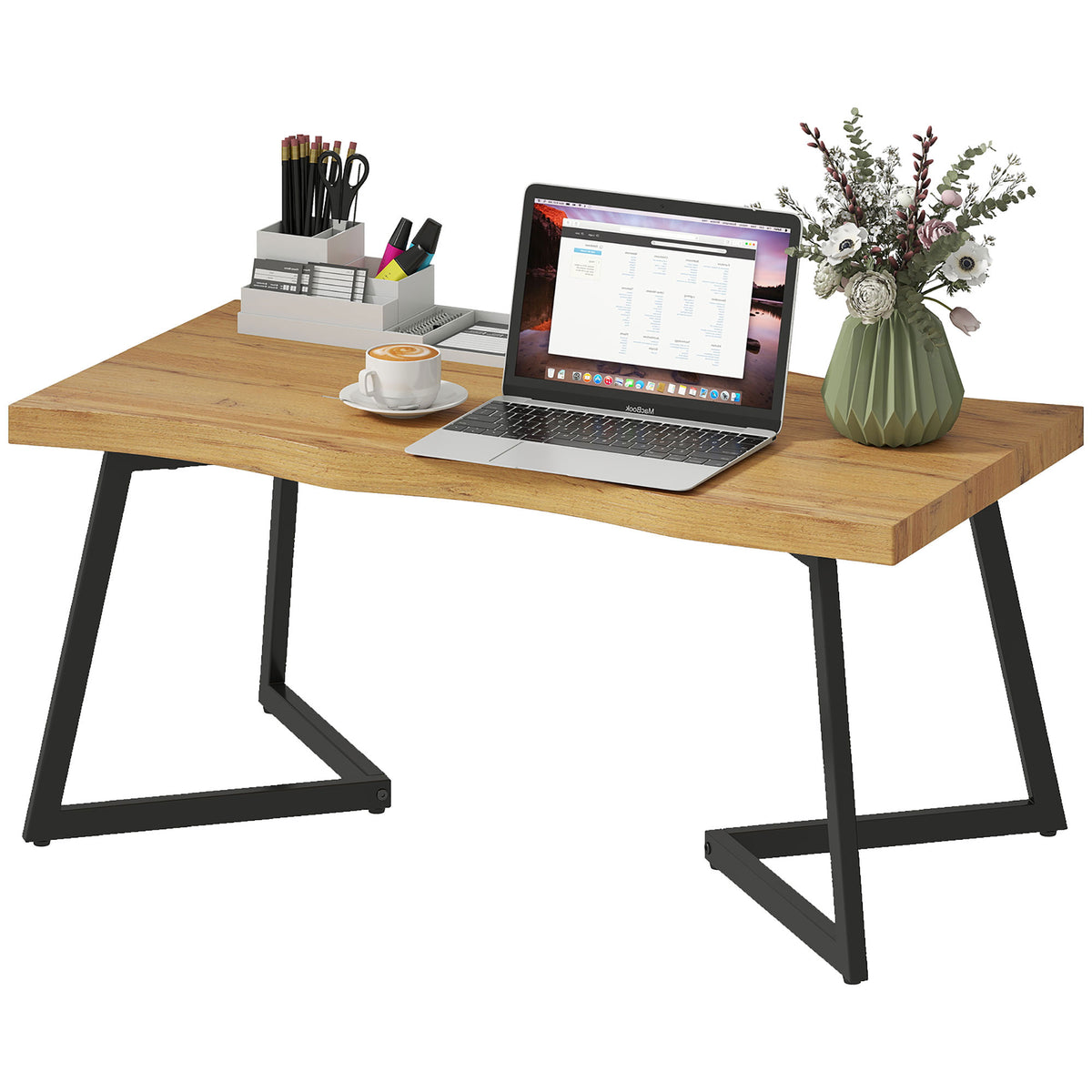 Modern Coffee Table, Living Room Table with Curved Thick Top and Metal Legs for Living Room, Bedroom, Office, 39.4" x 19.7" x 17.7", Oak