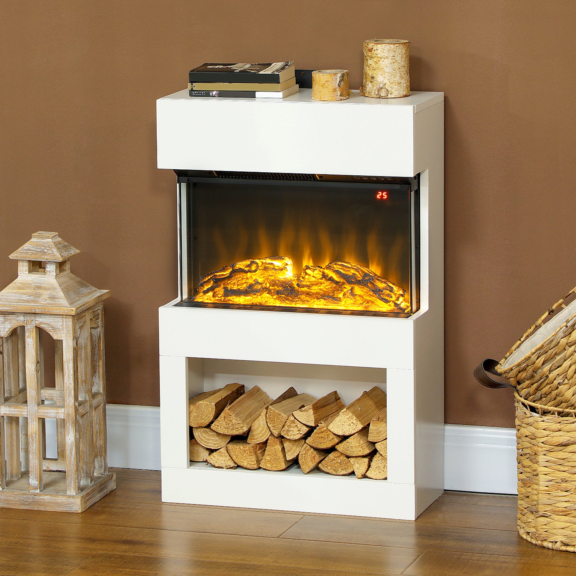 19" Electric Fireplace with Surround, 3D Flame Effect, 6 Colours & 3 Brightness Levels, 1000W/2000W White Electric Fire and Mantel Reach up to 30㎡ Space with Remote & Timer, 3 Sided View