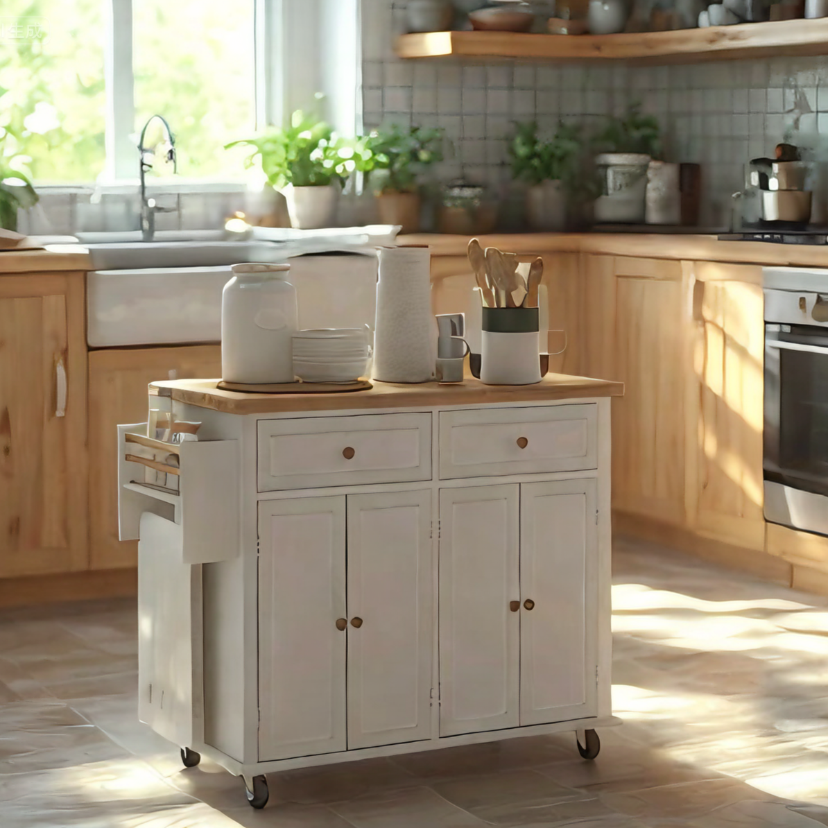 Modern Rolling Kitchen Island Cart with Spice Rack Distressed White